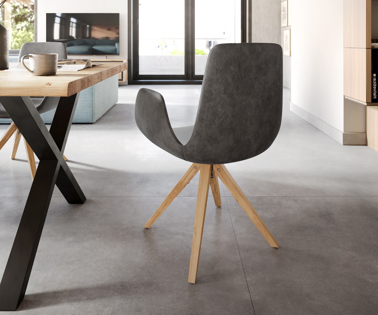 Esszimmerstuhl Ilia-Flex mit Armlehnen Mikrofaser Anthrazit Vintage Holzgestell konisch Natur 4 Esszimmerstuhl Ilia-Flex mit Armlehnen Mikrofaser Anthrazit Vintage Holzgestell konisch Natur 4