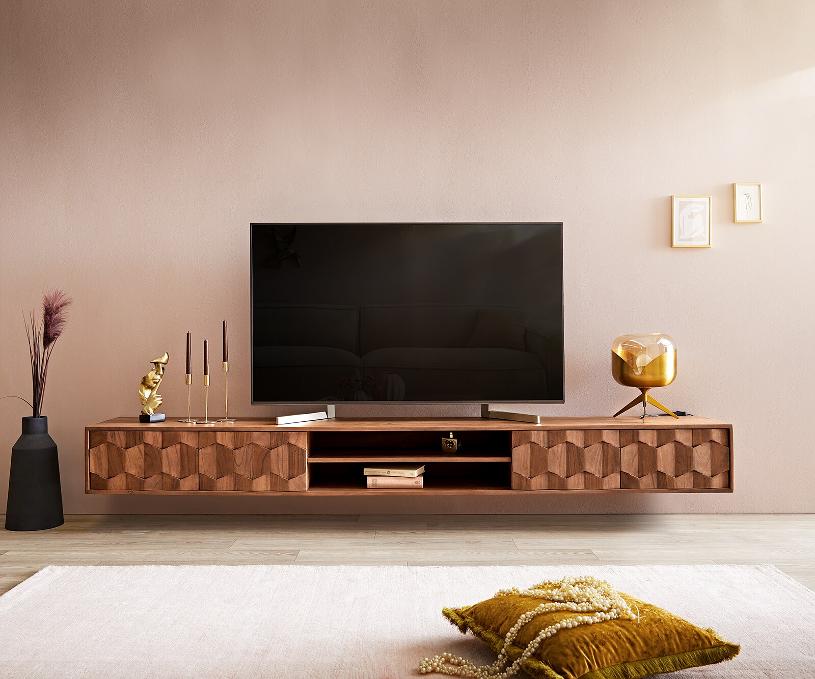 Buffet bas Fevo 240 cm acacia marron 4 portes flottant 1
