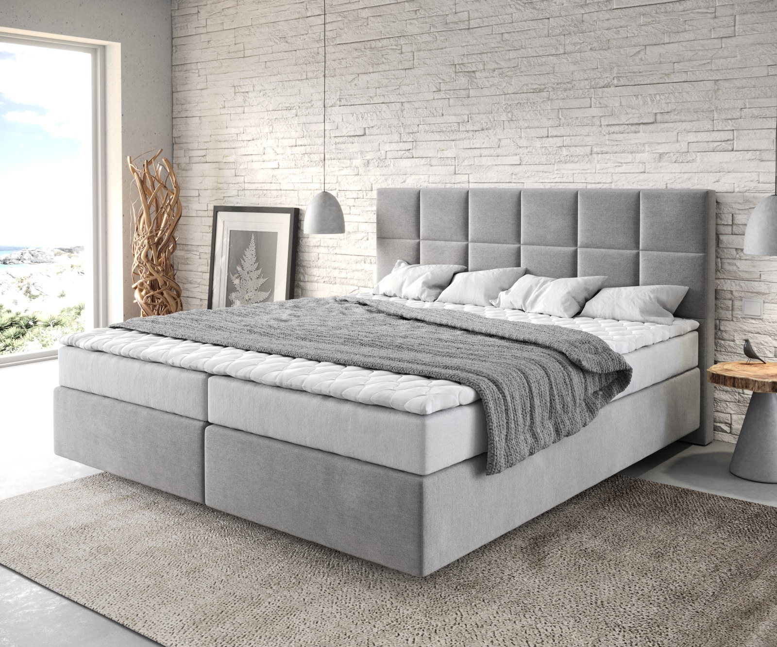 Boxspringbett Dream-Fine 180x200 cm Mikrofaser Grau mit Matratze und Topper