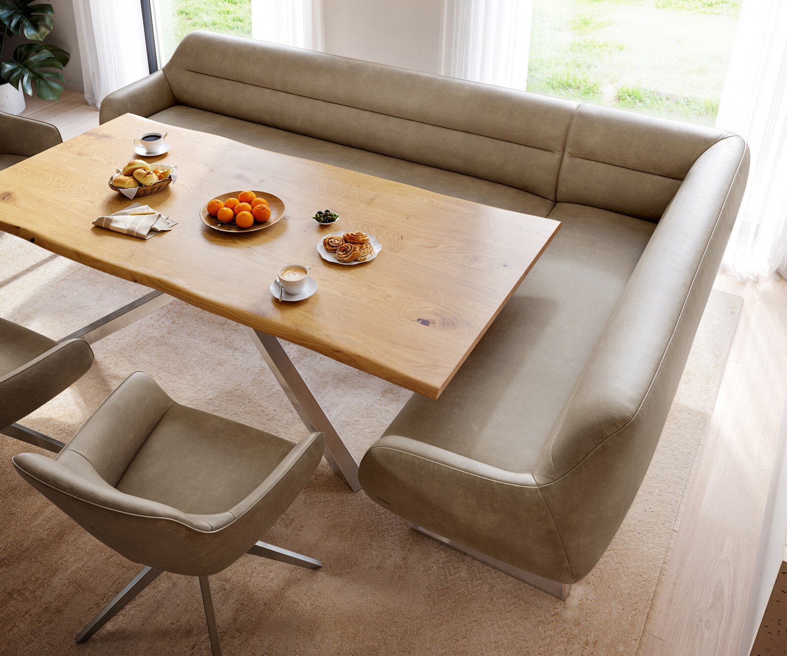 Banc-de-salle-à-manger Taya-Flex 285x190 cm microfibre beige vintage piètement à patins angulaire acier inoxydable ressort ensaché liens 4