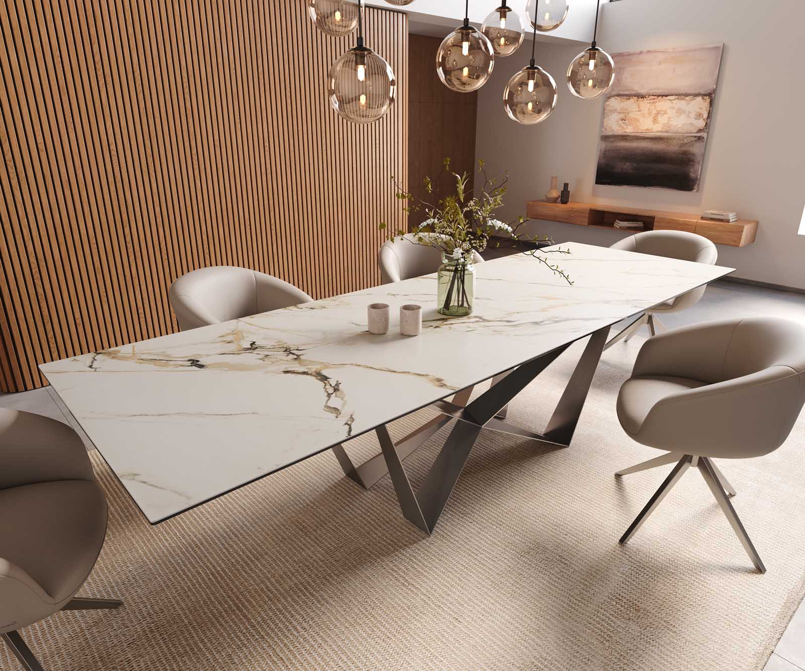 Table à manger Edge 300x100 céramique Calacatta Luxe blanc-doré-gris Spider acier plat acier inoxydable 1