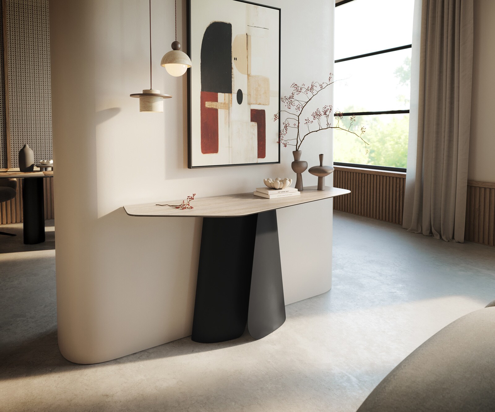 Console Edge Polygonal 140x50 cm Céramique Laminam® Travertino Bianco Creme-Weiß Livos Métal Noir 1