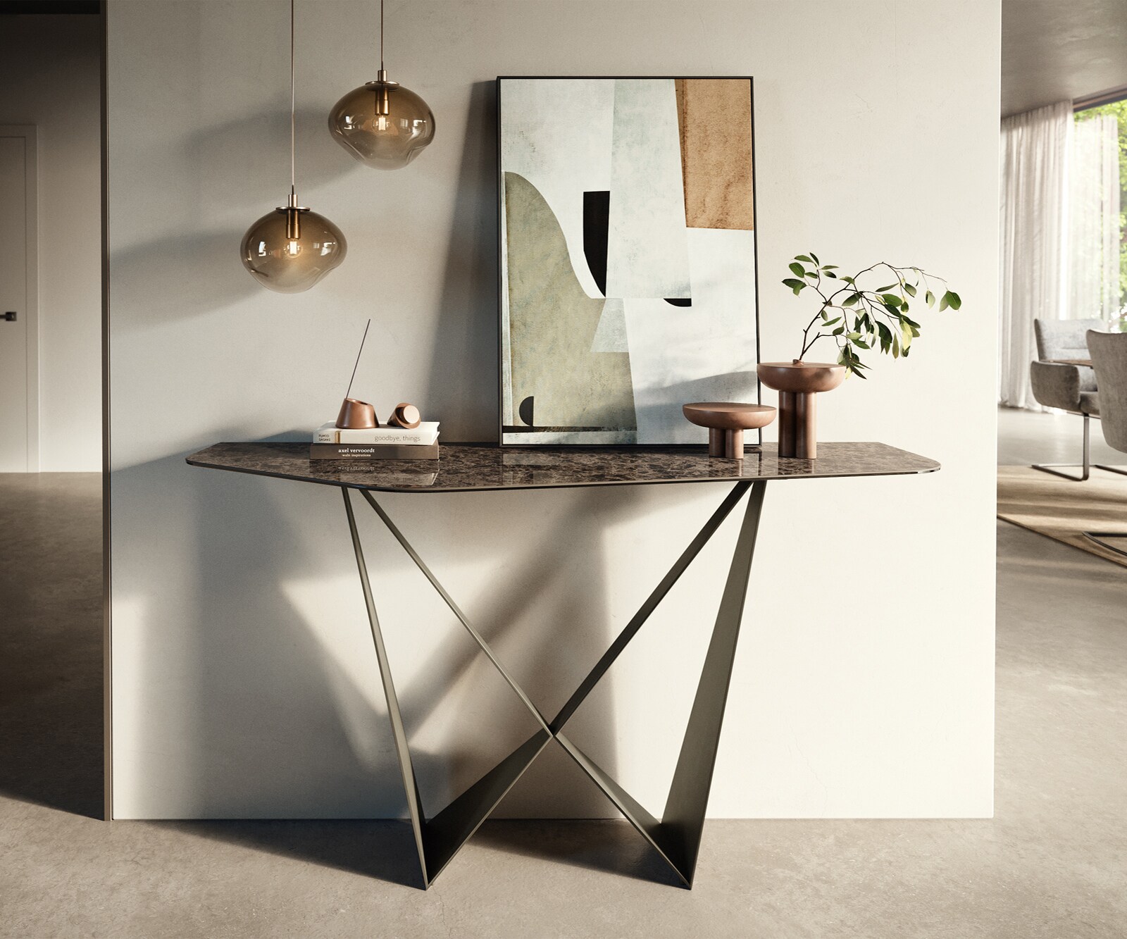 Konsolentisch Edge Polygonal 140x50 cm Keramik Emperador Extra Lucidato Dunkelbraun Spios Metall Effektfinish Titan 1