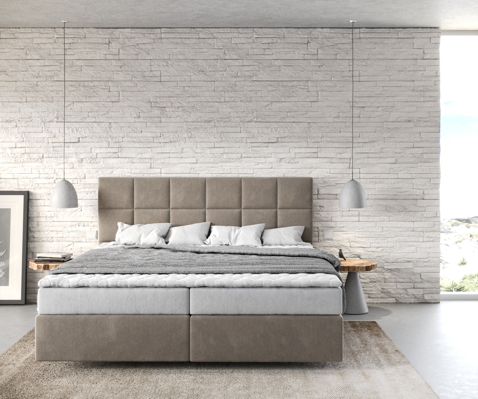 Boxspringbett Dream-Fine 180x200 cm Mikrofaser Beige mit Matratze und Topper 1 Boxspringbett Dream-Fine 180x200 cm Mikrofaser Beige mit Matratze und Topper 1