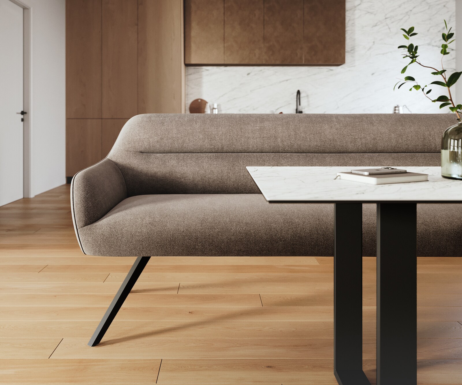Banc-de-salle-à-manger Taya-Flex 300 cm tissu structuré doux taupe pied croisé angulaire noir ressort ensaché 2