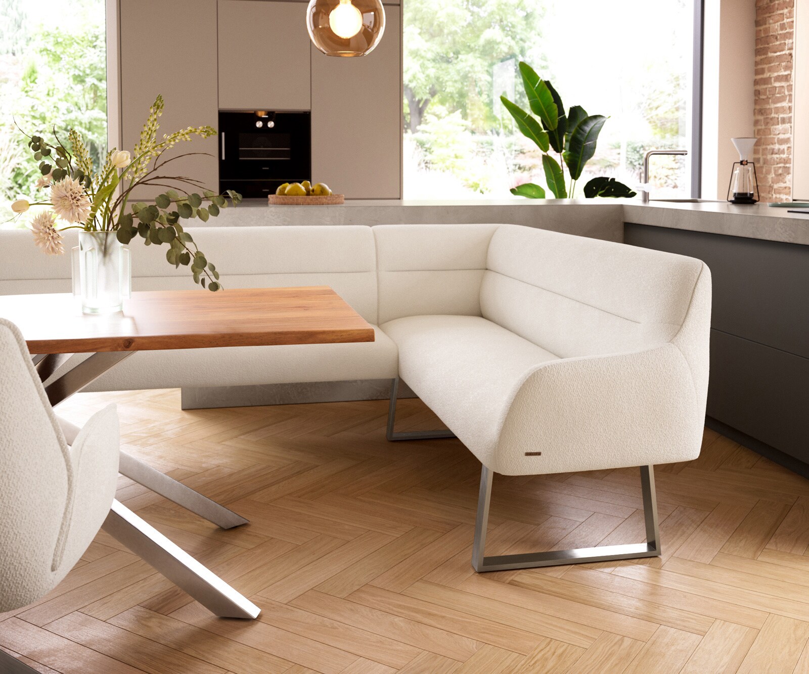 Banc-de-salle-à-manger Taya-Flex 285x190 cm bouclé crème-blanc piètement à patins angulaire acier inoxydable ressort ensaché liens 5