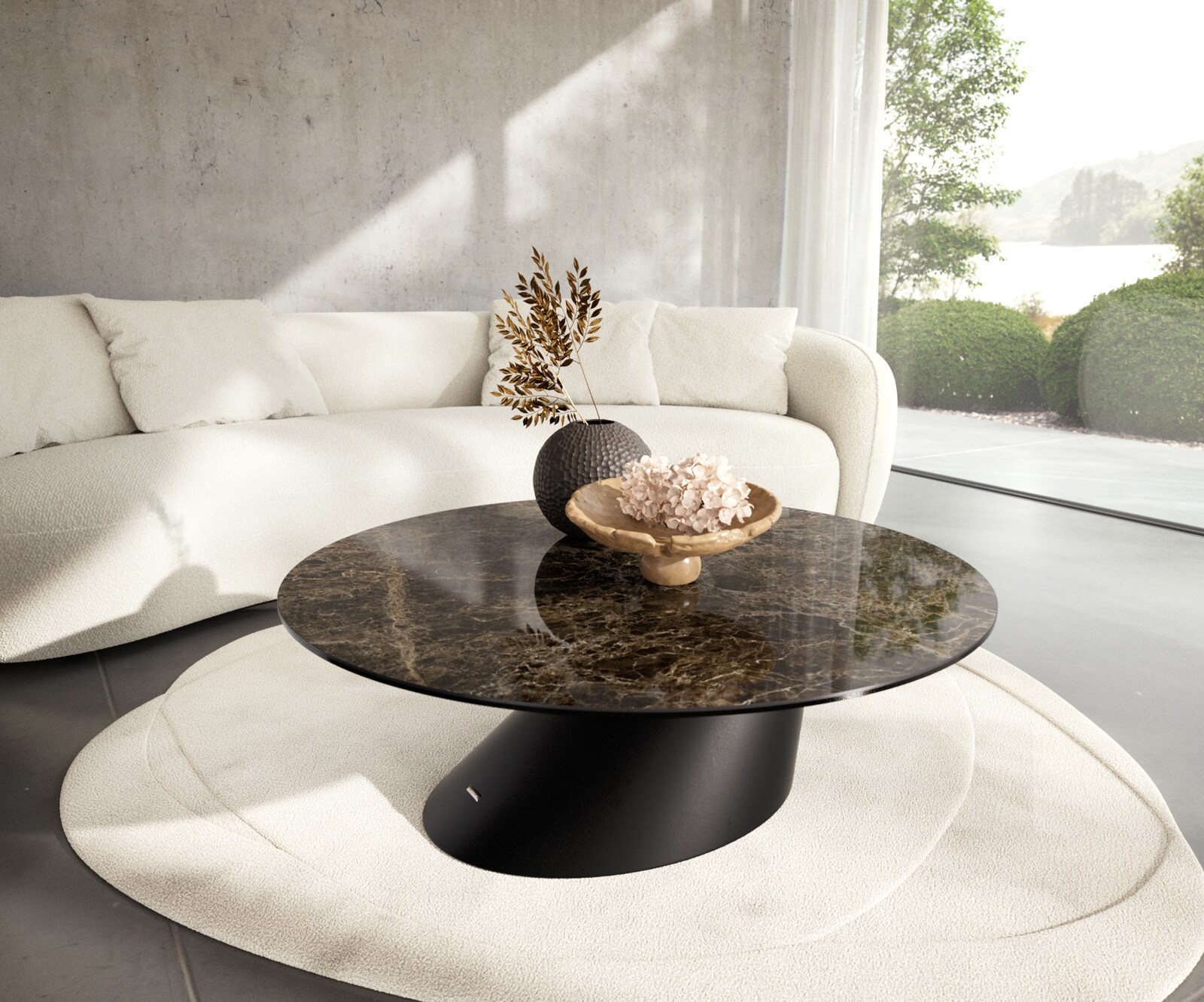 Table basse Edge rond 100x100 cm céramique Laminam® Emperador Extra Lucidato brun foncé Conis métal noir 1