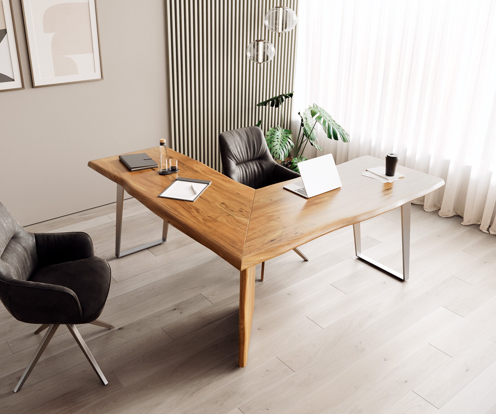 Schreibtisch Live-Edge 170x170 Akazie Natur Gestell Silber Baumkante 4