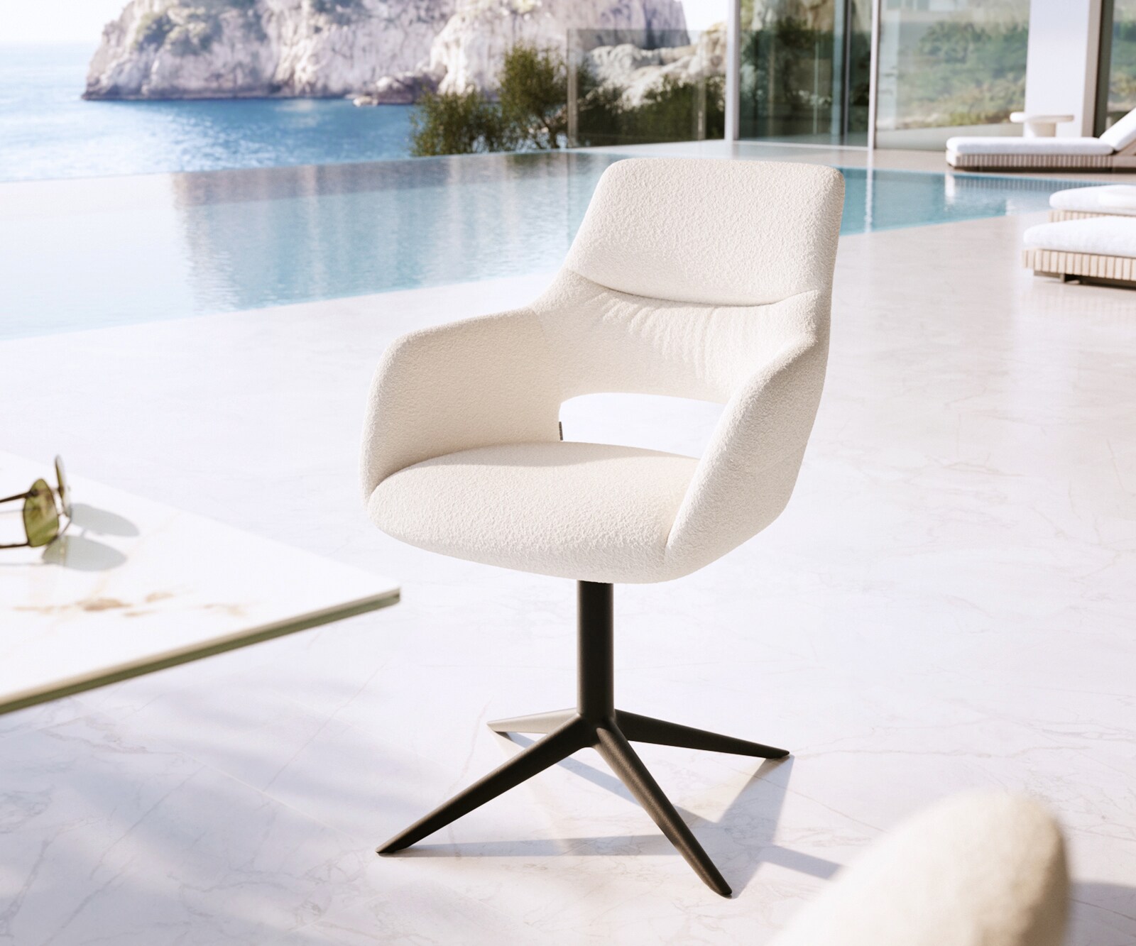 Chaise-d'extérieur Yago-Flex avec accoudoirs bouclé blanc pied de chaise 4 branches noir pivotement sur 360° fonction bascule