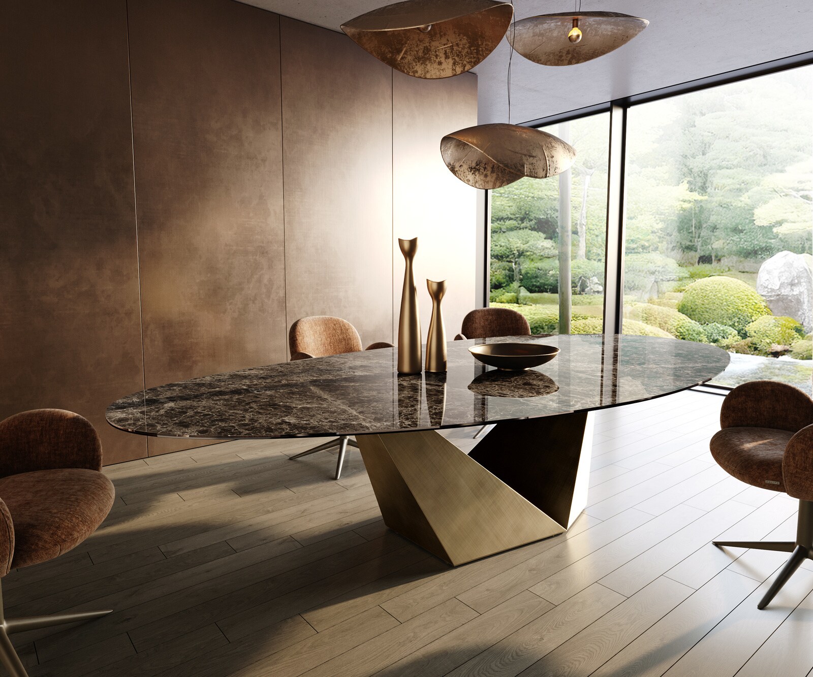 Table de salle à manger Edge Ovale 315x150 cm Céramique Emperador Extra Lucidato Brun foncé Prisma Métallique Or