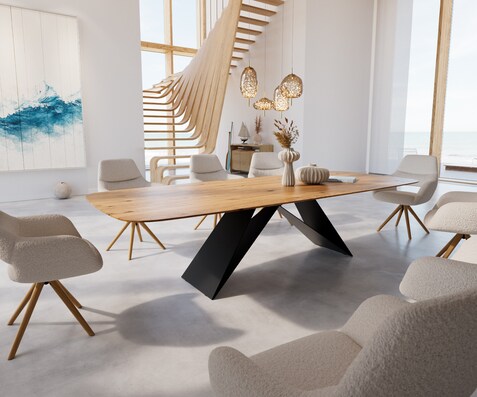 Table à manger Edge Boot 300x120x3-3,2 chêne nature cadre en V acier plat noir bord suisse