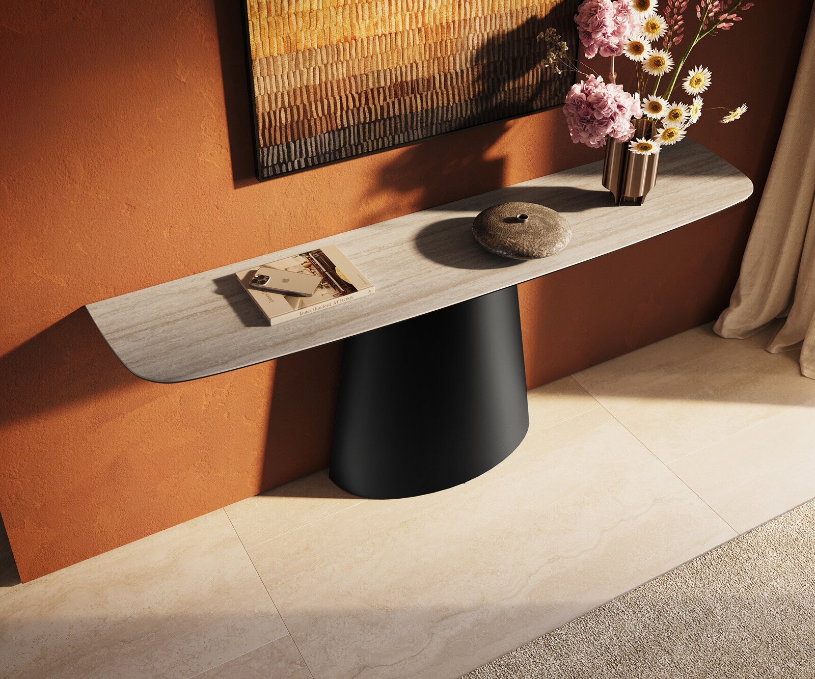 Console Edge forme bateau 180x40 cm Céramique Laminam® Travertino Bianco Creme-Weiß Conos Métal Noir 3