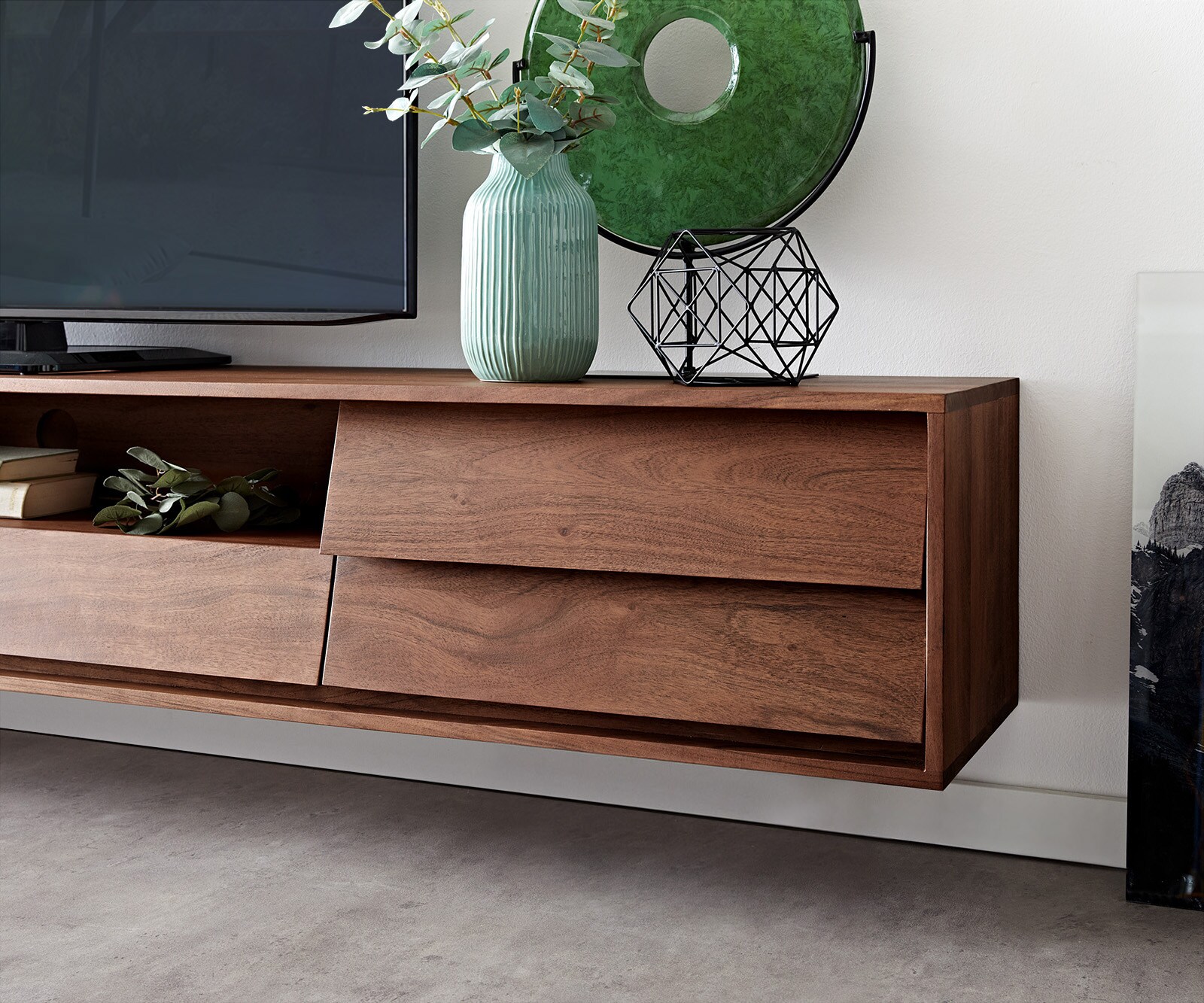 Meuble-TV Eloi 240x35 cm acacia marron 2 portes 2 tiroirs flottants 6