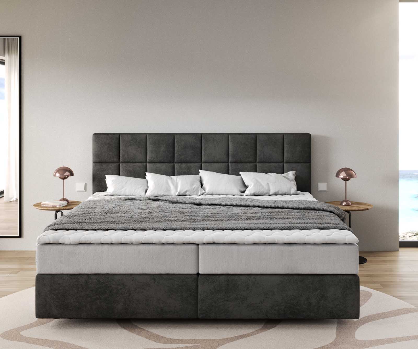 Lit à sommier tapissier Dream-Fine Microfibre anthracite vintage 200x200 cm avec matelas à ressorts ensachés et surmatelas en mousse viscoélastique 1