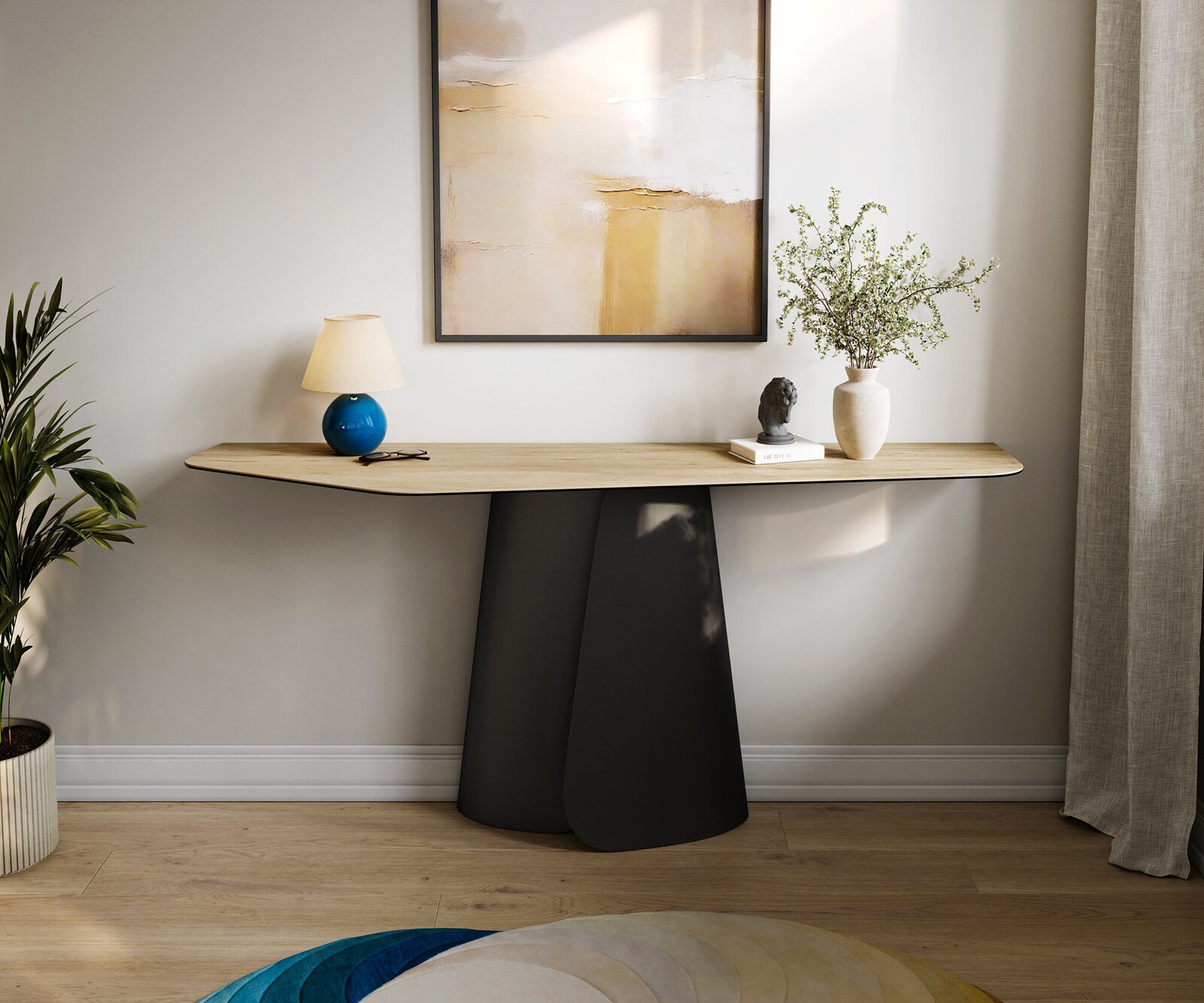 Konsolentisch Edge Polygonal 180x50 cm Keramik Laminam® Sabbia Eichefarbig Livos Metall Schwarz 3