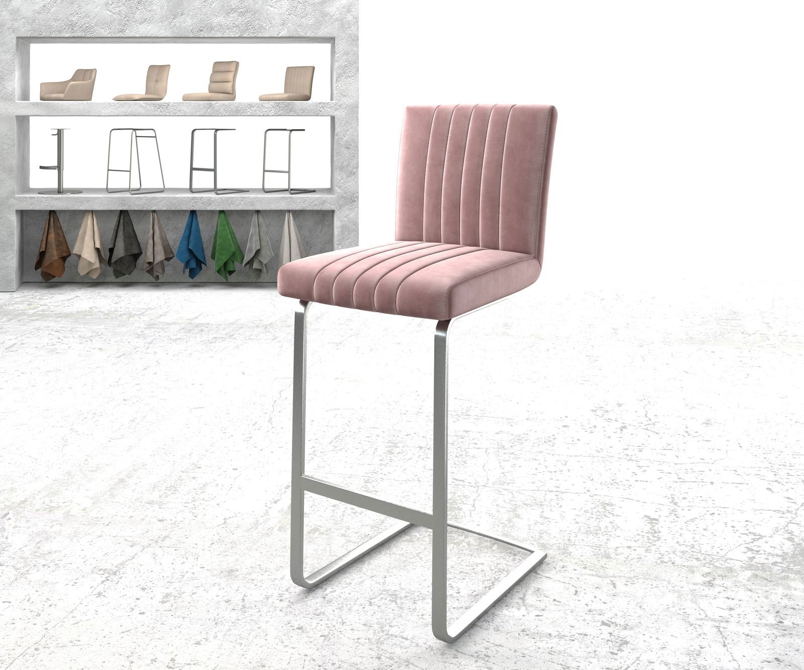 Barstuhl Luiga-Flex Samt Rosé Freischwinger flach Edelstahl Barstuhl Luiga-Flex Samt Rosé Freischwinger flach Edelstahl