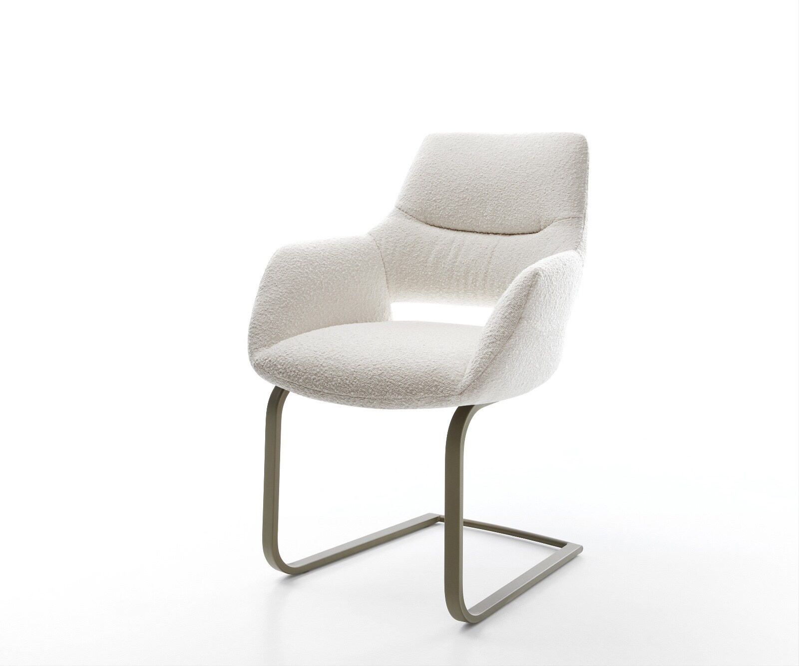 Cantilever Yago-Flex avec accoudoirs bouclé crème-blanc pied cantilever plat aspect titane ressorts ensachés