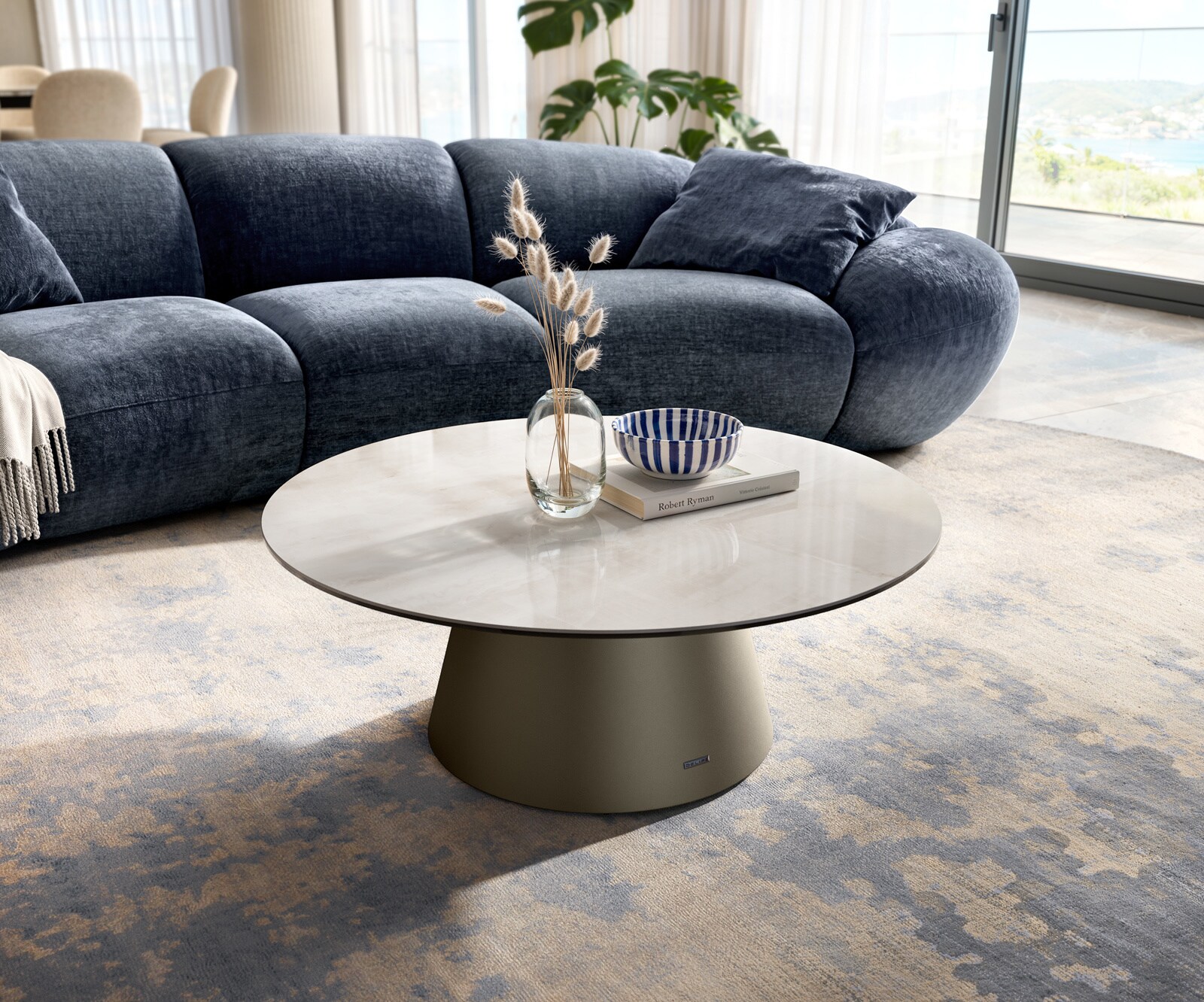 Table basse Edge ronde 90x90 cm céramique Onyx Champagne Borna finition effet titane