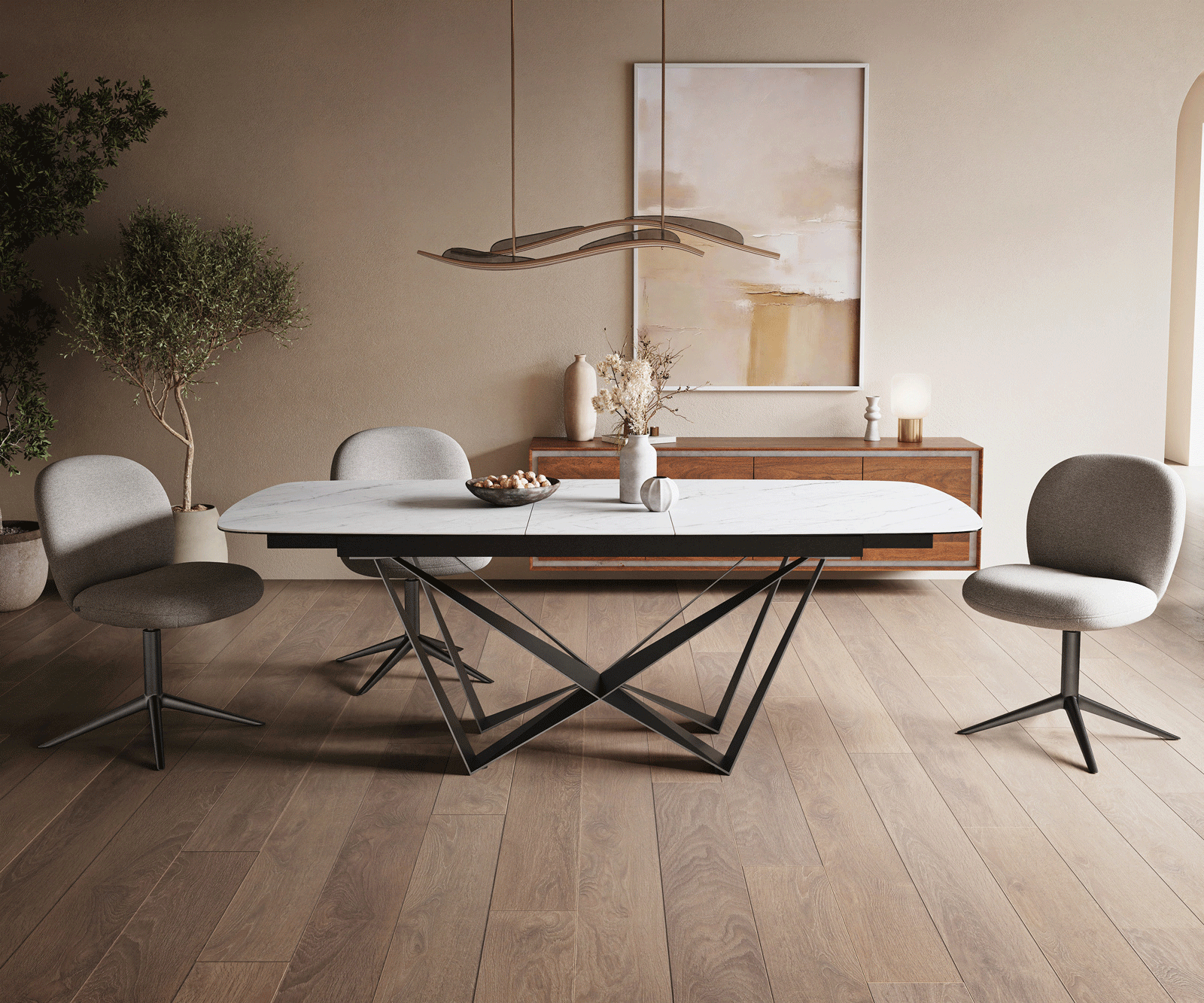 Esstisch Edge Boot 180-220x100 cm Keramik Laminam® Statuarietto Weiß Spider Flachstahl Edelstahl Graphit ausziehbar 1