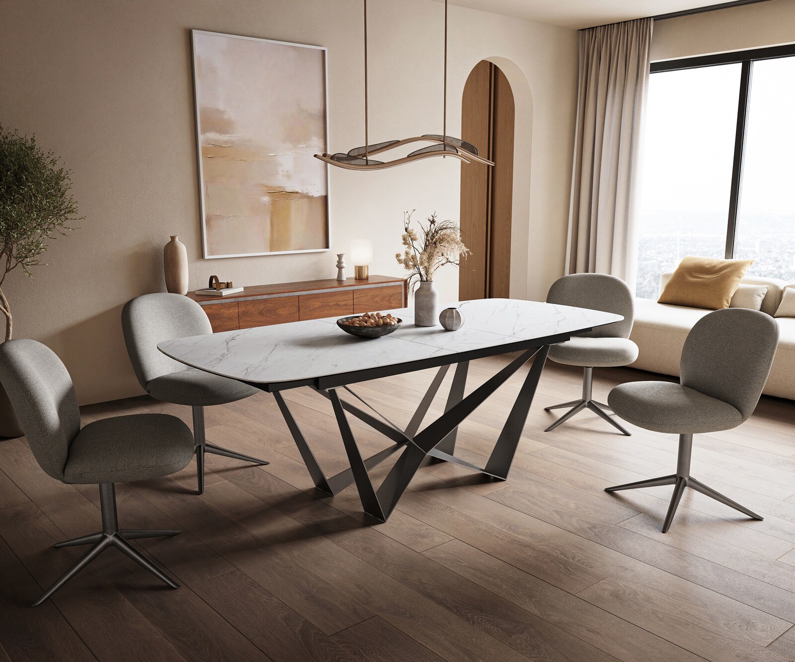 Esstisch Edge Boot 180-220x100 cm Keramik Laminam® Statuarietto Weiß Spider Flachstahl Edelstahl Graphit ausziehbar 5