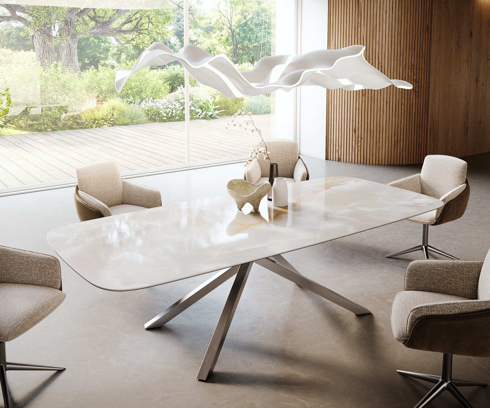 Esstisch Edge Boot 270x120 cm Keramik Iris FMG Onice Grigio Kreuzgestell Rechteck Edelstahl