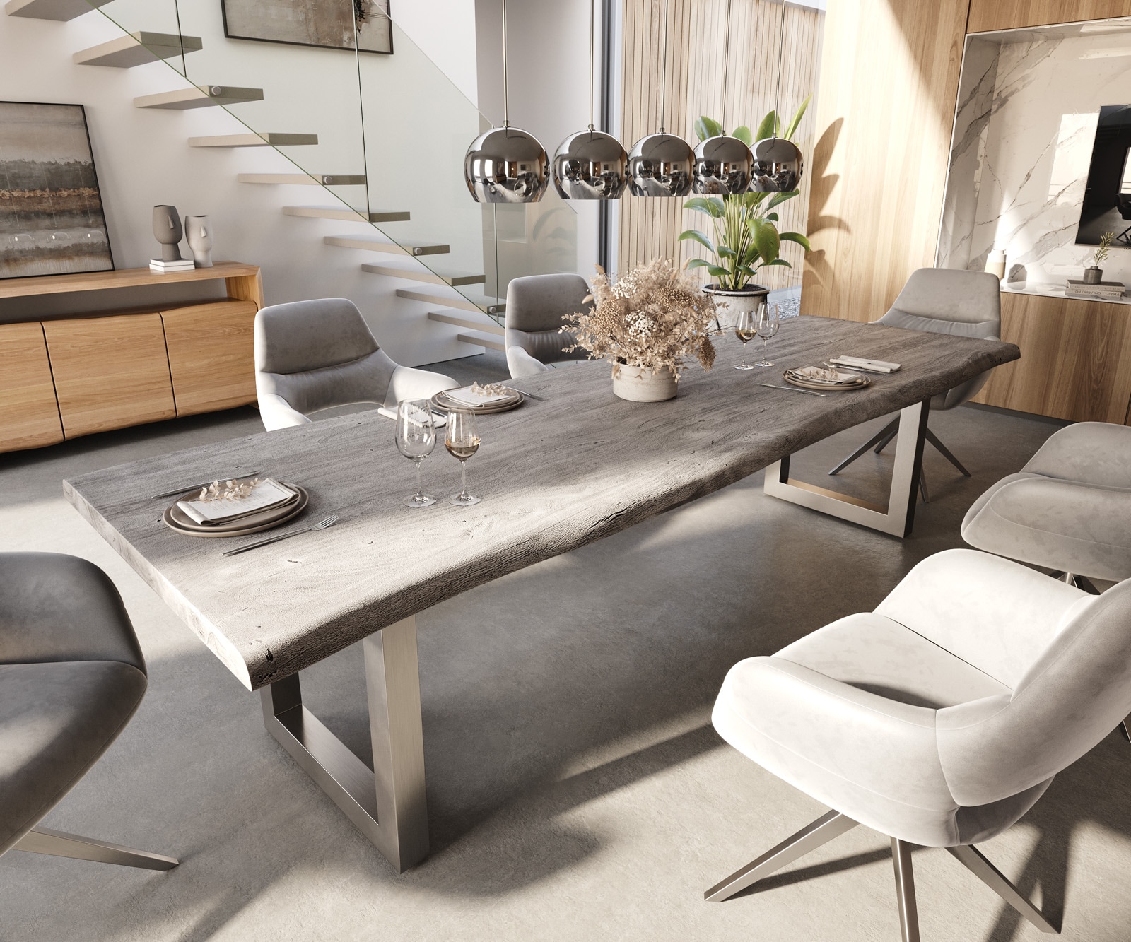 Esstisch Edge 300x100 XL Akazie Platin Edelstahl Breit Live-Edge Esstisch Edge 300x100 XL Akazie Platin Edelstahl Breit Live-Edge