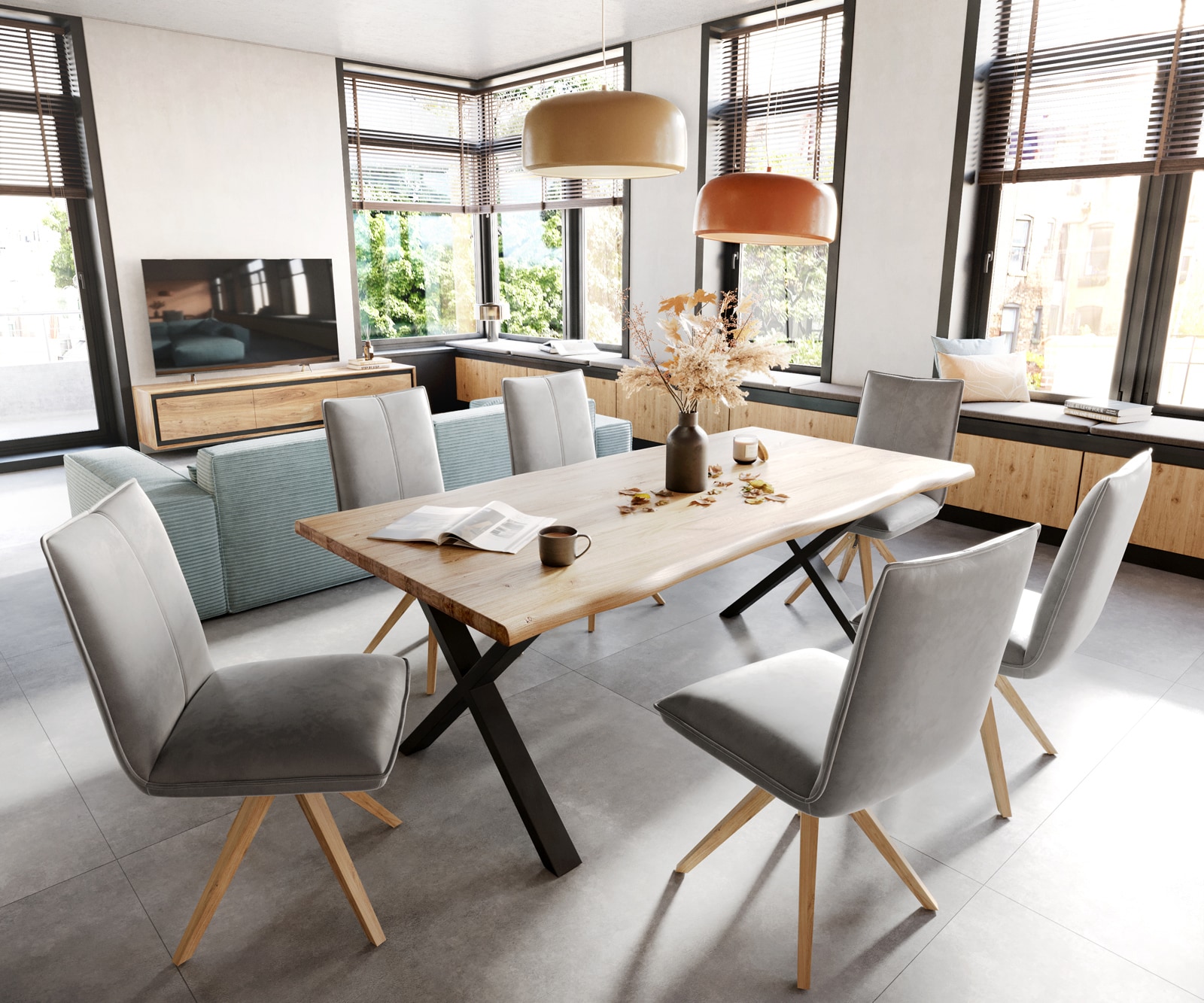 Chaise-de-salle-à-manger Lelio-Flex velours gris pied en bois angulaire naturel ressorts ensachés 4