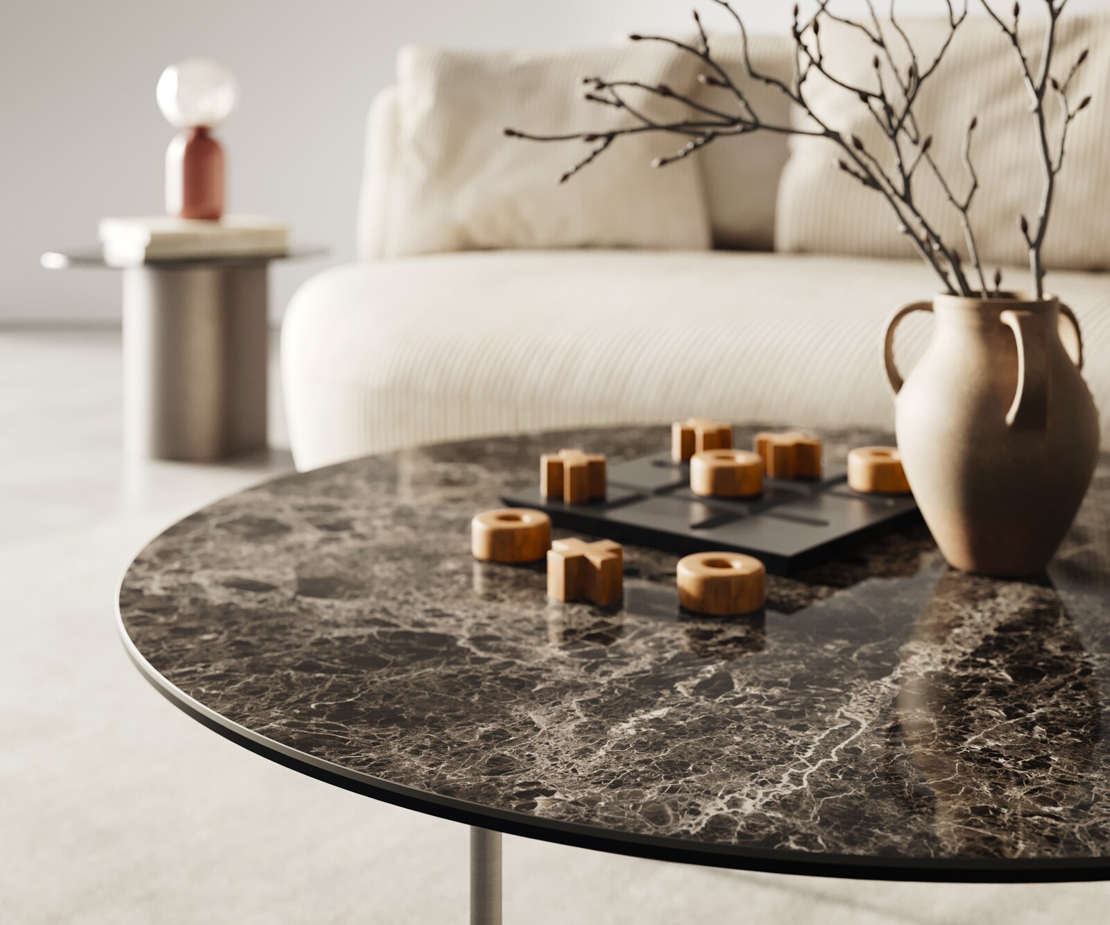 Couchtisch Edge Rund 90x90 cm Keramik Emperador Extra Lucidato Dunkelbraun Trive Edelstahl gebürstet 6
