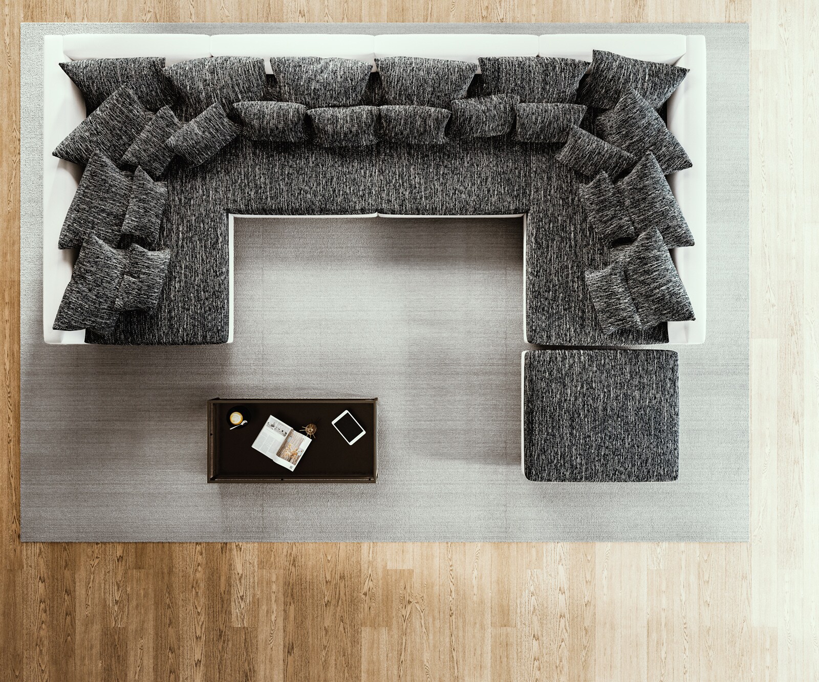 Canapé-Panoramique Clovis XL Blanc Noir Avec Tabouret Modulable 3