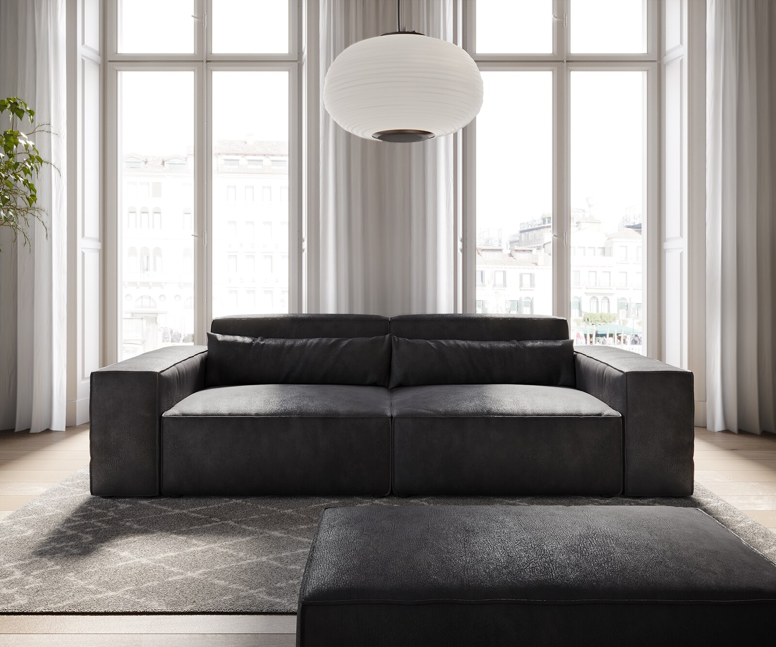 Big-Sofa Sirpio 230x90 cm Lederimitat Vintage Anthrazit  mit Hocker 1