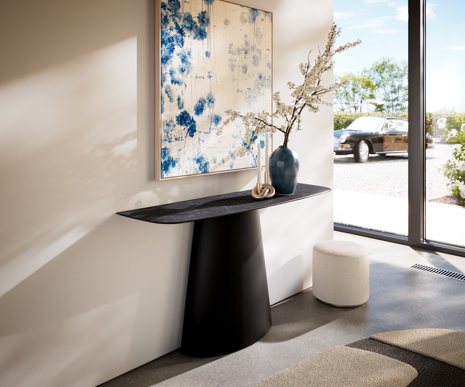 Console Edge forme bateau 140x40 cm Céramique Laminam® Nero Greco Anthrazit Conos Métal Noir