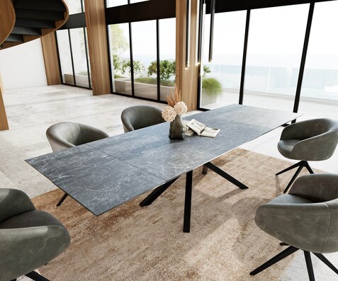 Esstisch Edge 200-300x100 Keramik Laminam®Nero Greco Anthrazit Kreuzgestell Rechteck Schwarz ausziehbar