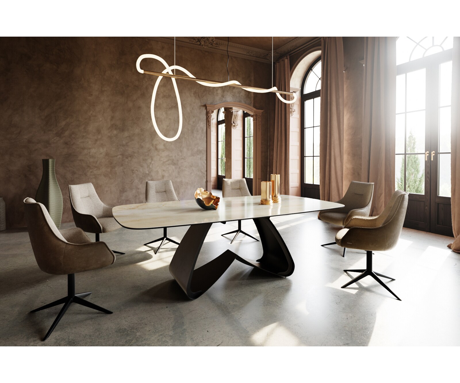 Table à manger Edge Boot 240x120 cm Céramique Iris FMG Onice Oro piètement en W Métal Noir 5