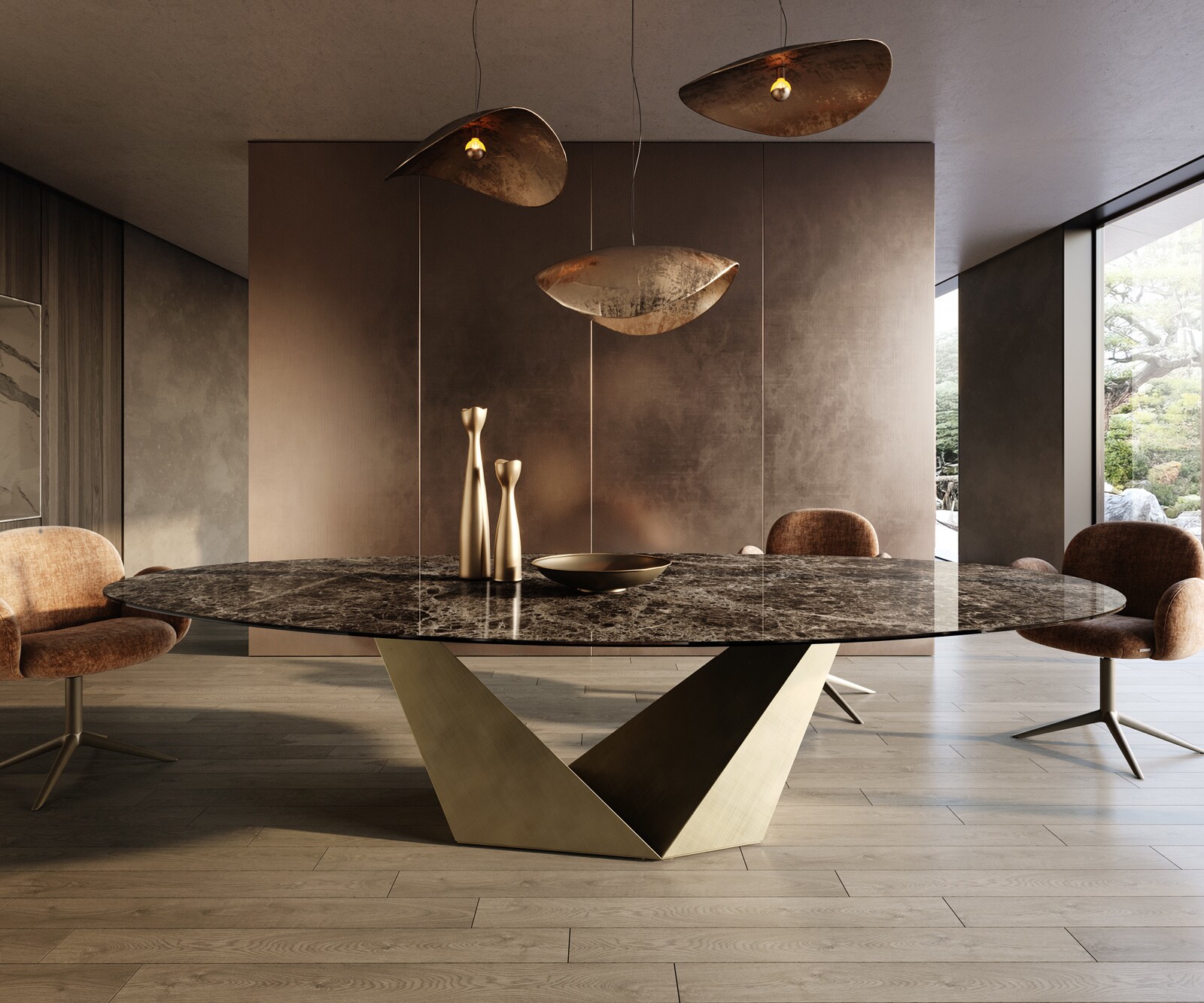 Table de salle à manger Edge Ovale 315x150 cm Céramique Emperador Extra Lucidato Brun foncé Prisma Métallique Or 1