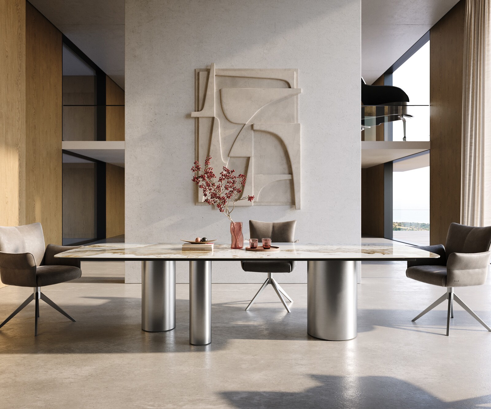 Esstisch Edge Boot 300x120 cm Keramik Minas Melange Weiß-Beige Troa Edelstahl gebürstet 1