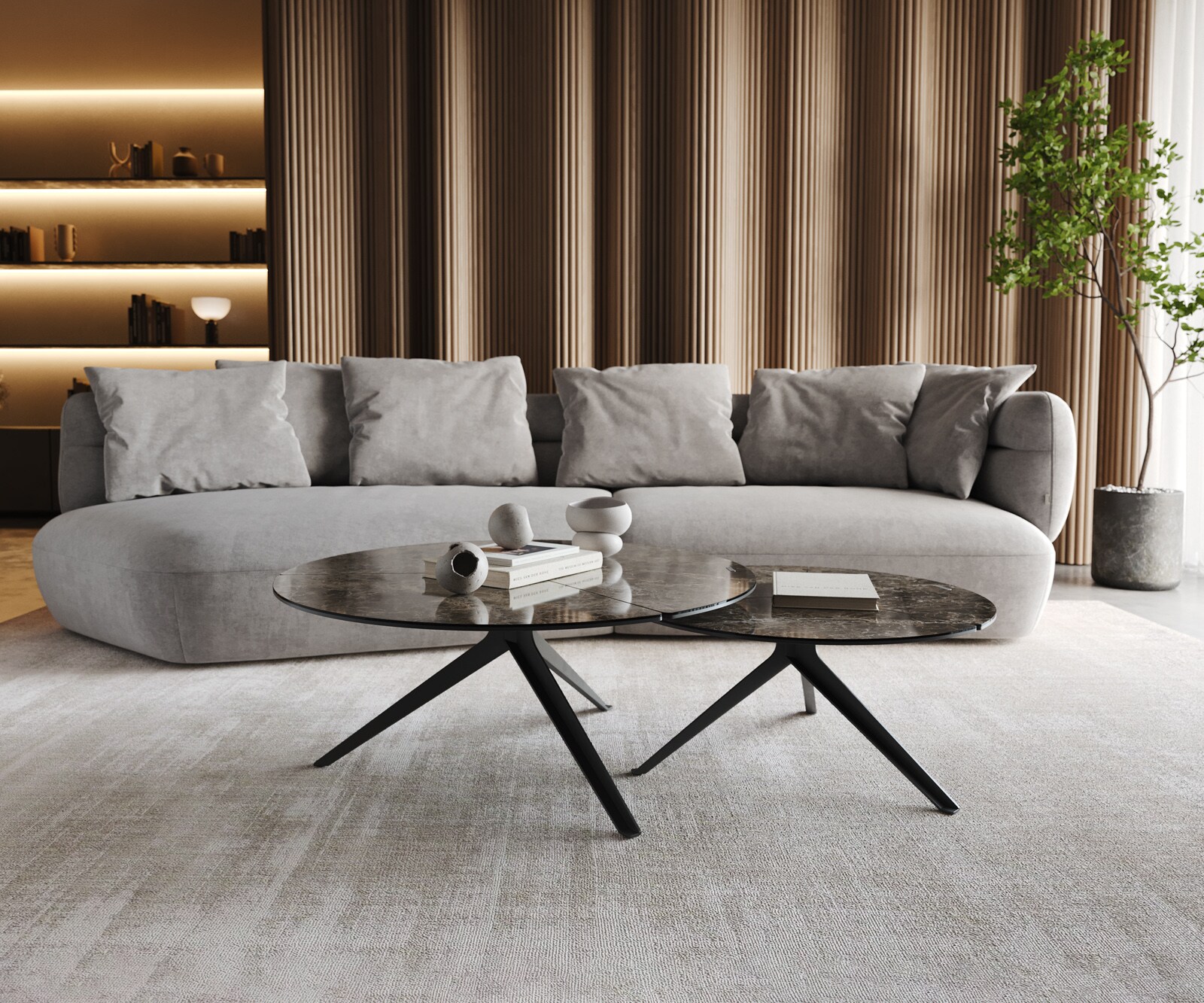 Couchtisch Delron 90x90 cm Keramik Emperador Extra Lucidato Dunkelbraun Kreuzfuß Flach Metall Schwarz 6