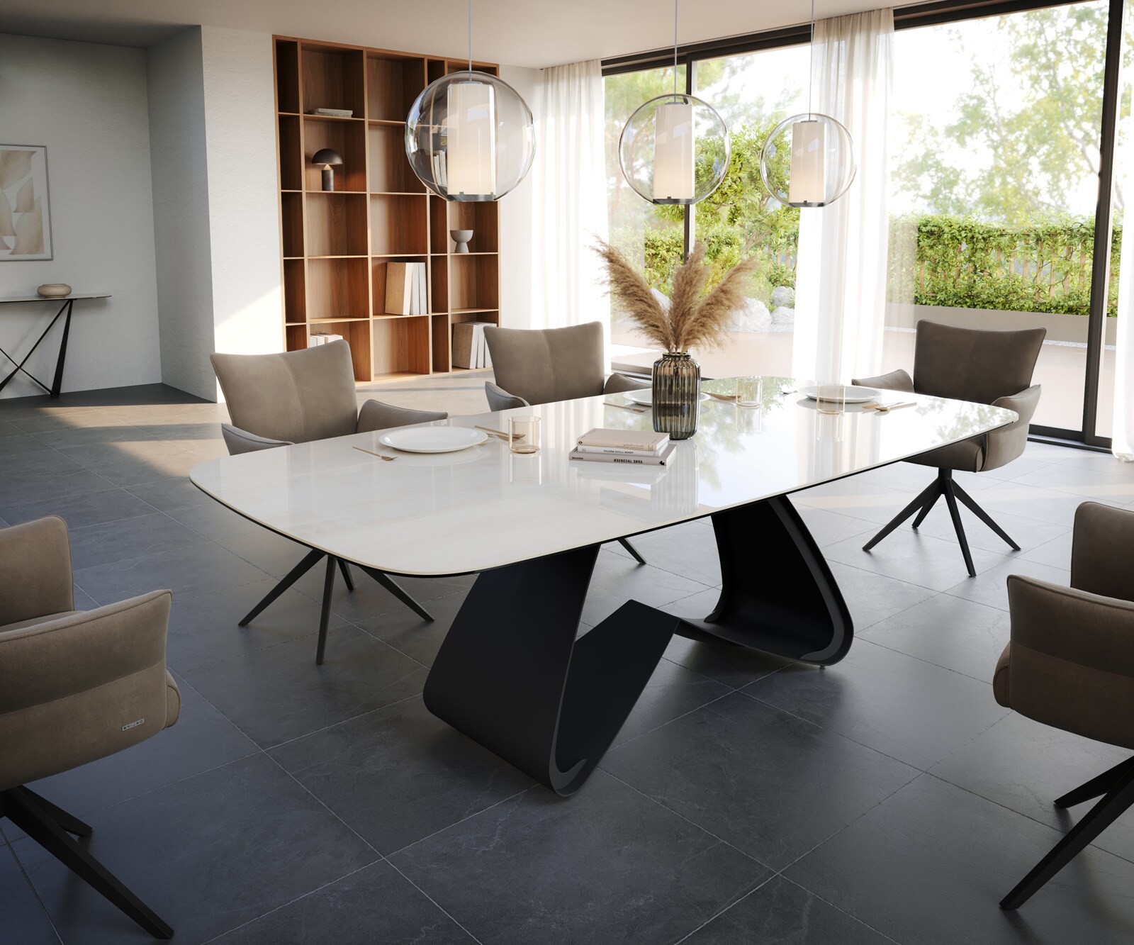 Esstisch Edge Boot 240x120 cm Keramik Onyx Champagne W-Gestell Metall Schwarz 1