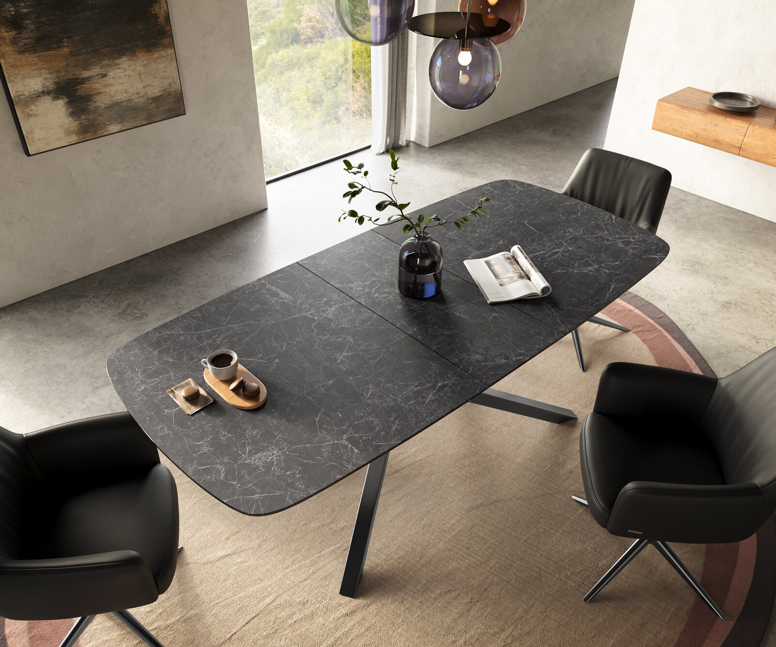 Esstisch Edge Boot 180-220x100 cm Keramik Laminam® Nero Greco Anthrazit Kreuzgestell Rechteck Edelstahl Graphit ausziehbar 3