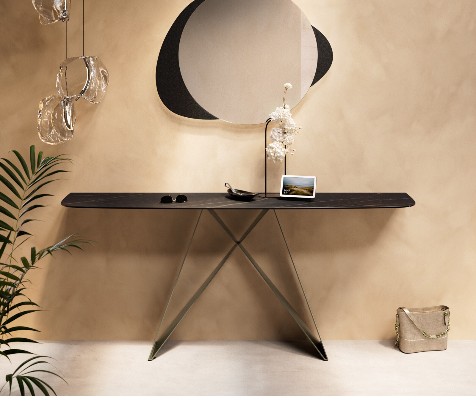 Konsolentisch Edge Boot 180x40 cm Keramik Laminam® Noir Desir Braun Velio Metall Effektfinish Titan 1