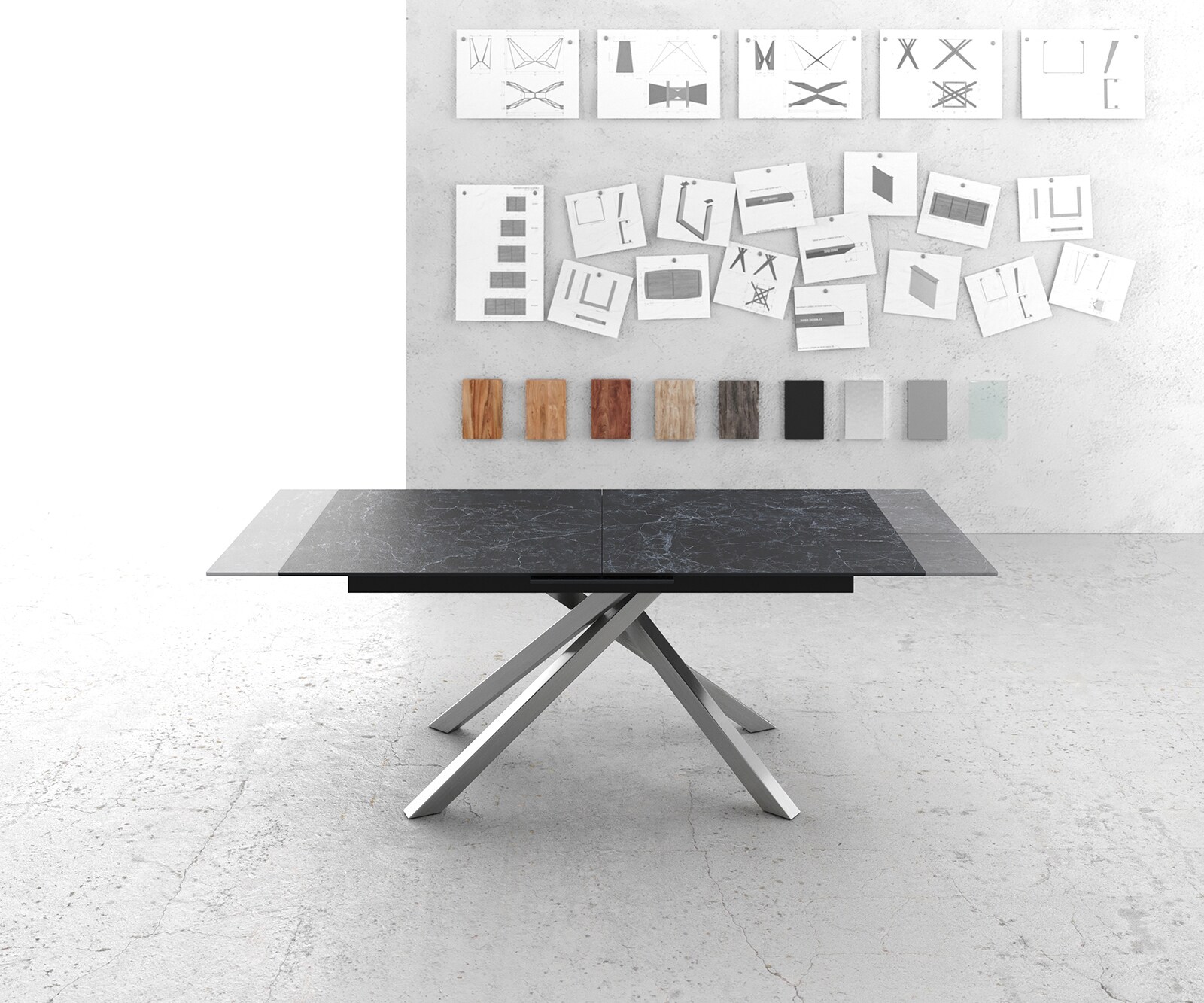 Esstisch Edge 180-220x100cm Keramik Laminam®Nero Greco Anthrazit Kreuzgestell Rechteck Edelstahl ausziehbar 5