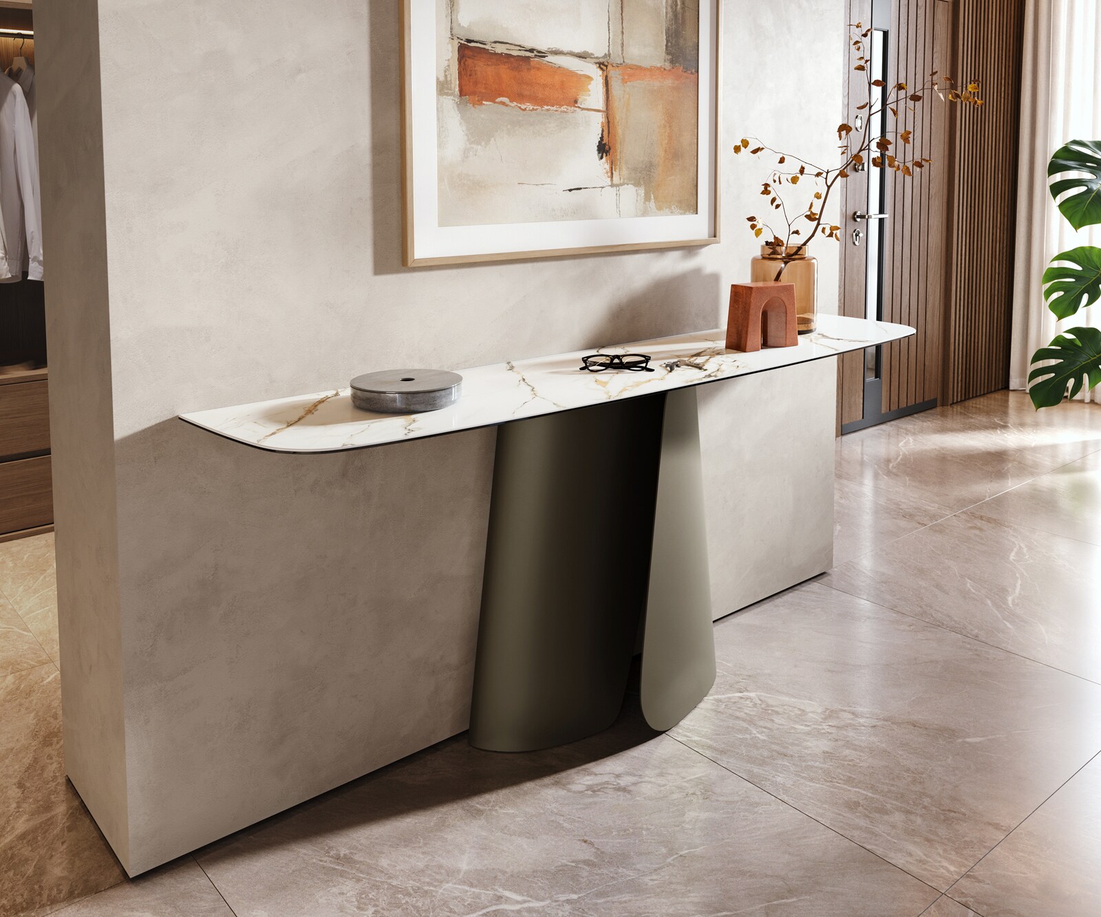 Console Edge forme bateau 180x40 cm Céramique Calacatta Luxe Weiß-Gold-Gris Livos Métal Effektfinish Titan 3