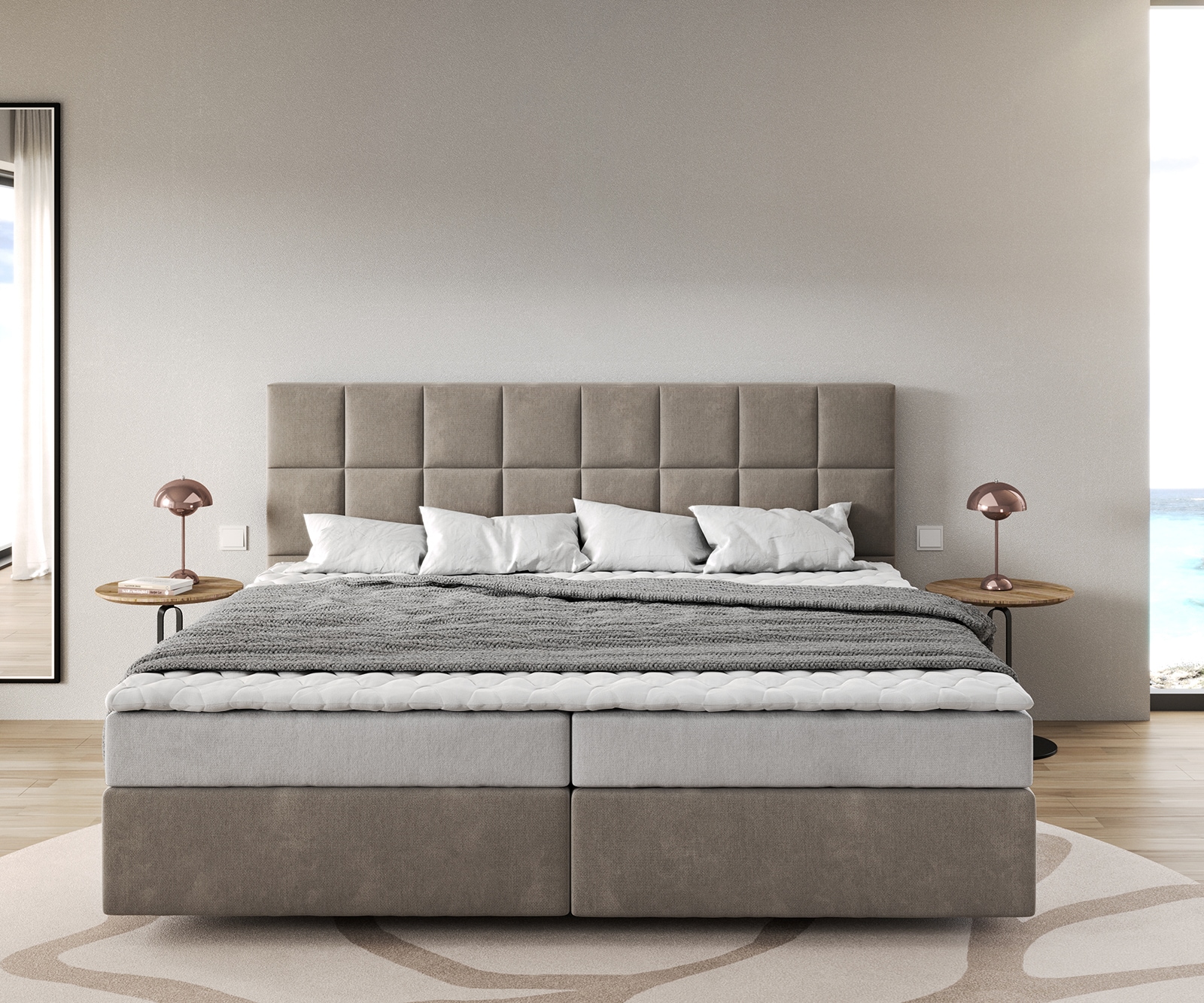 Boxspringbett Dream-Fine Mikrofaser Beige 200x200 cm Bonell-Matratze PU-Topper 1 Boxspringbett Dream-Fine Mikrofaser Beige 200x200 cm Bonell-Matratze PU-Topper 1