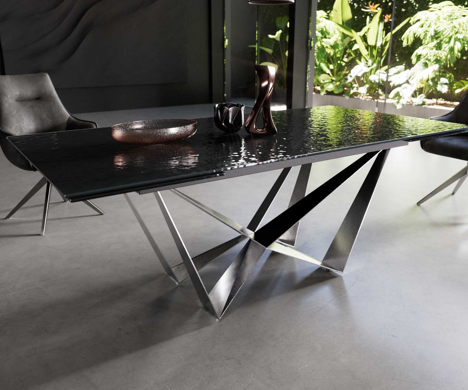 Esstisch Edge 200-300x100 Reliefglas Rauchschwarz 3D-Design Spider Flachstahl Edelstahl ausziehbar 4
