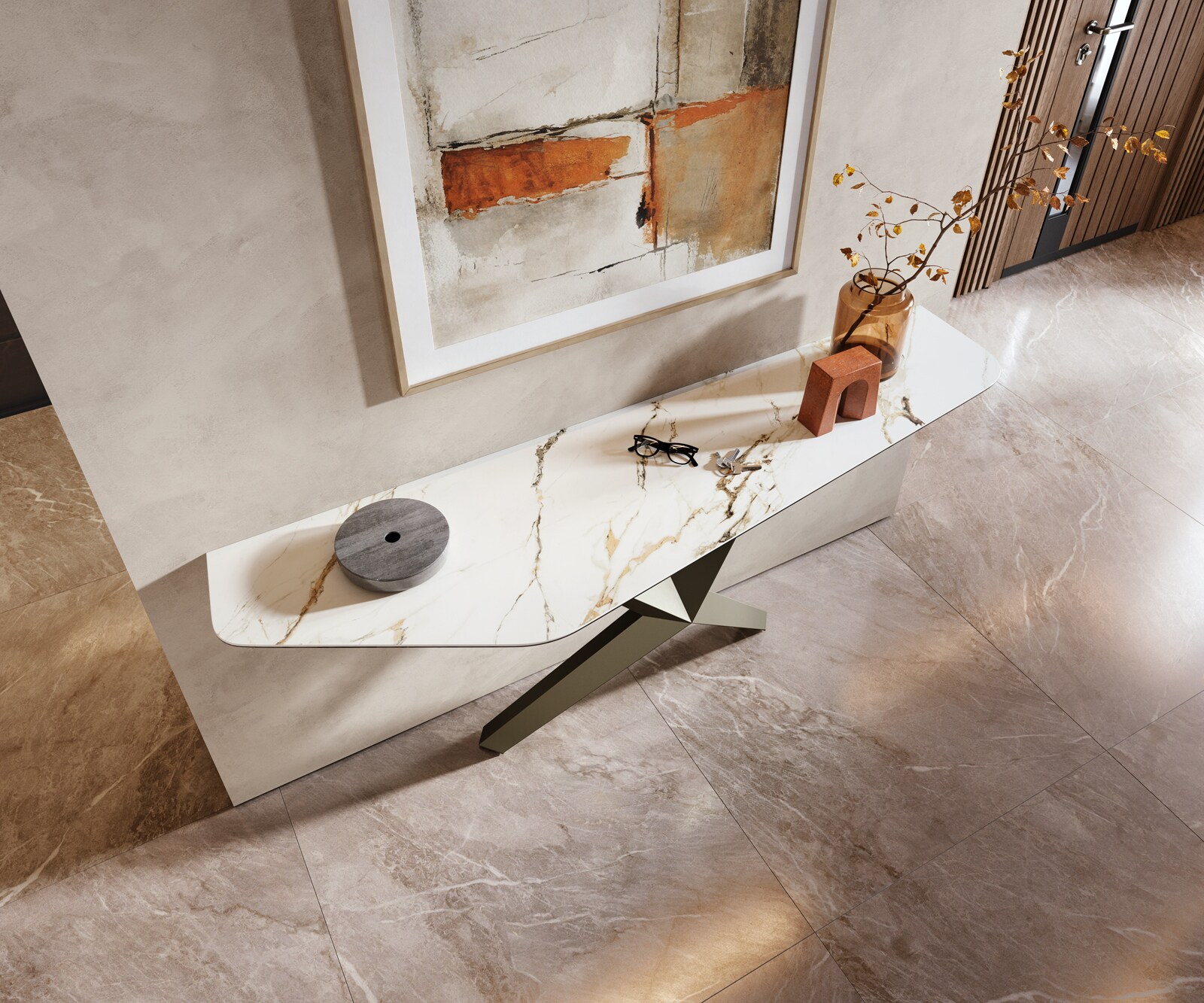 Konsolentisch Edge Polygonal 180x50 cm Keramik Calacatta Luxe Weiß-Gold-Grau Zentharo Metall Effektfinish Titan 2
