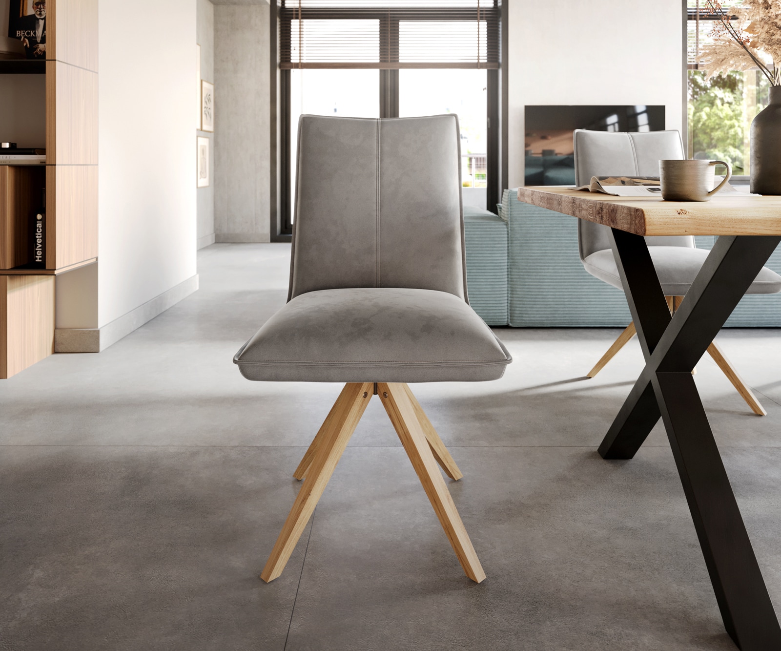 Chaise-de-salle-à-manger Lelio-Flex velours gris pied en bois angulaire naturel ressorts ensachés 2