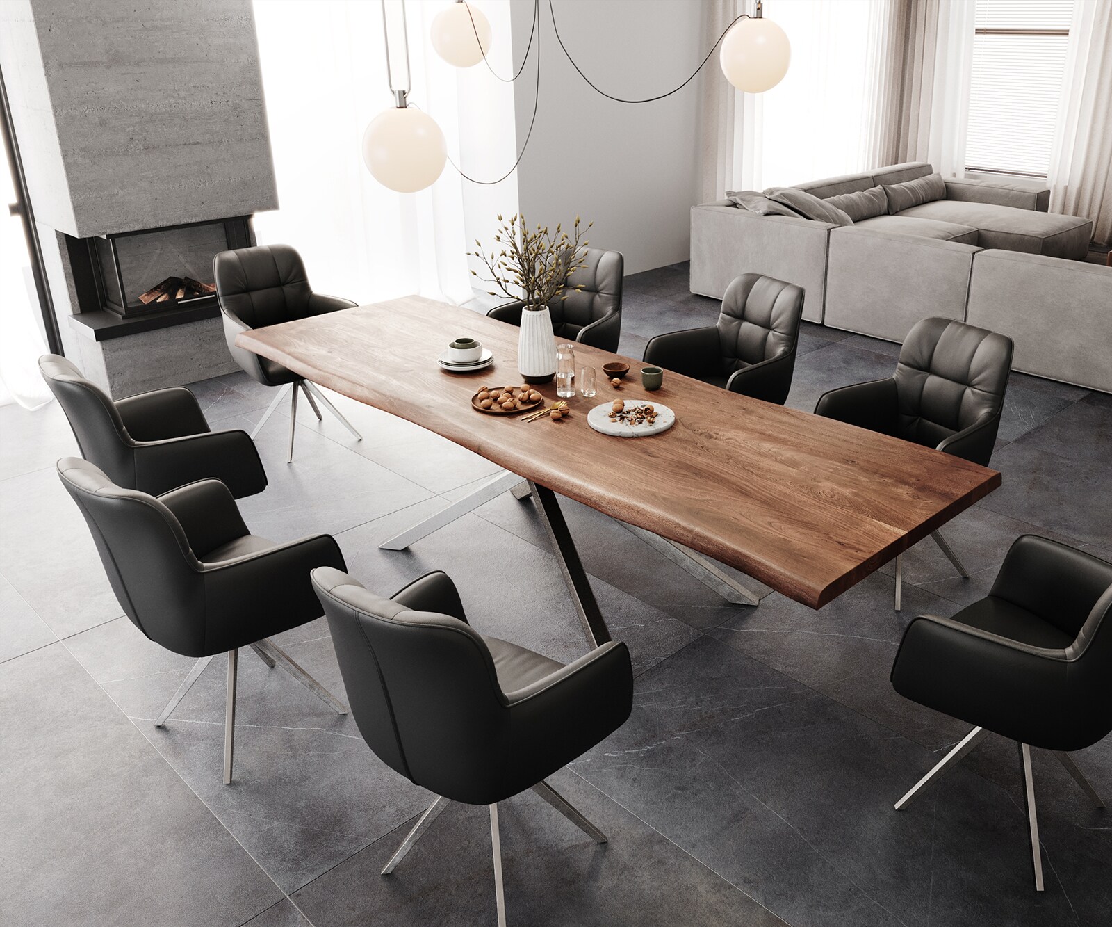 Table à manger Edge 300x100 XL acacia marron cadre croisé rectangle acier inoxydable Live-Edge 6