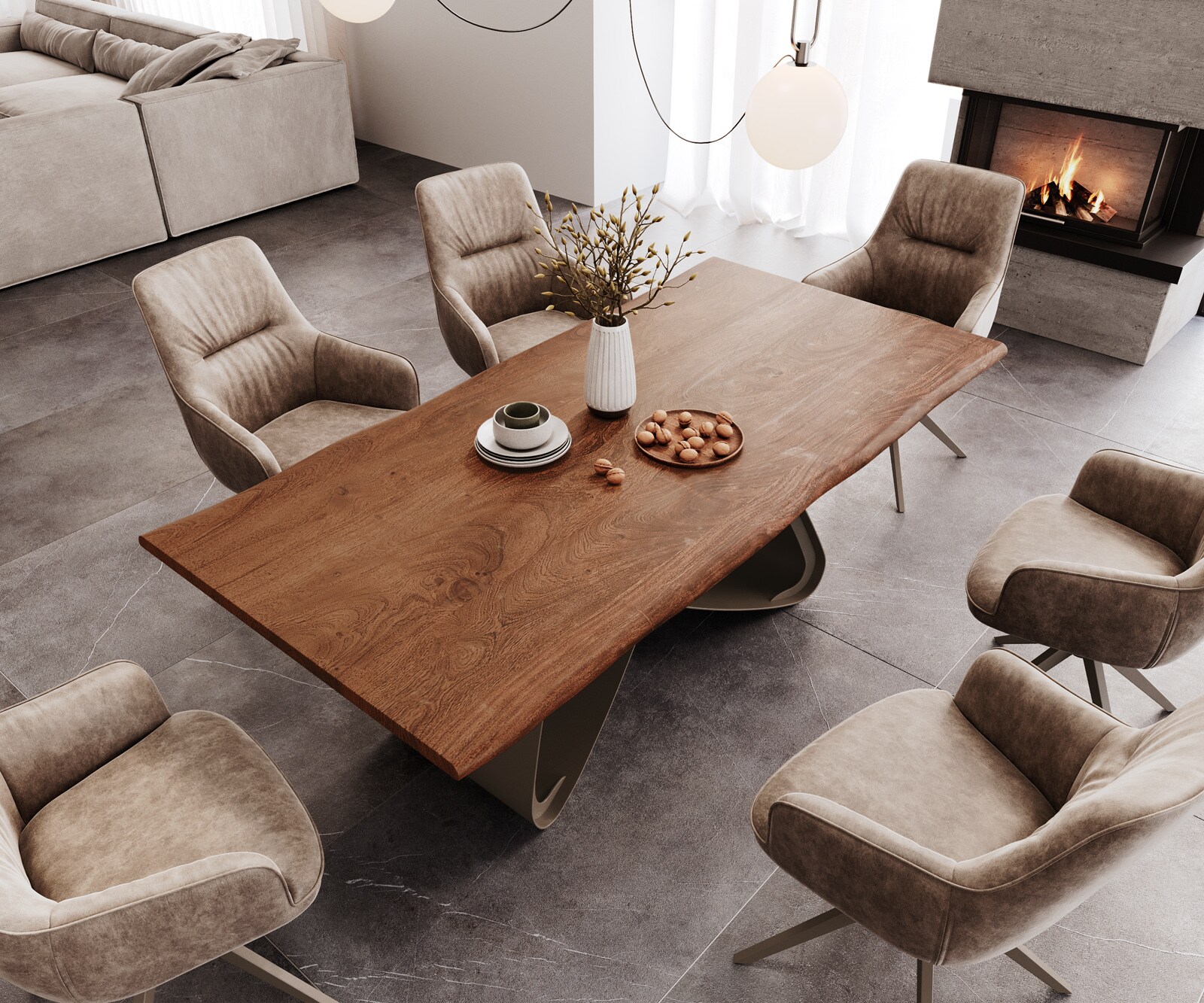 Table à manger Edge 200x100 Acacia Marron Cadre en W Métal finition à effet Titane Live-Edge 4