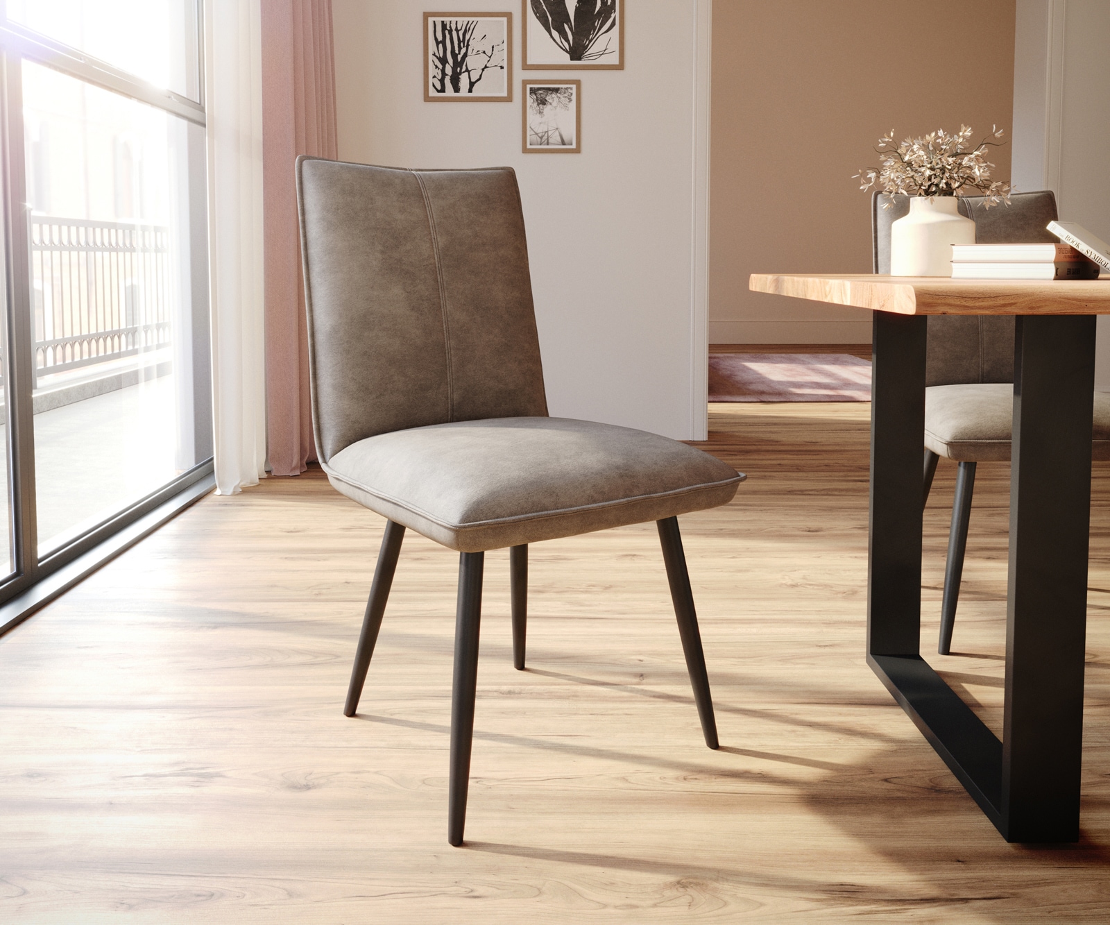 Esszimmerstuhl Lelio-Flex Mikrofaser Taupe Vintage 4-Fuß konisch Schwarz Taschenfederkern Esszimmerstuhl Lelio-Flex Mikrofaser Taupe Vintage 4-Fuß konisch Schwarz Taschenfederkern