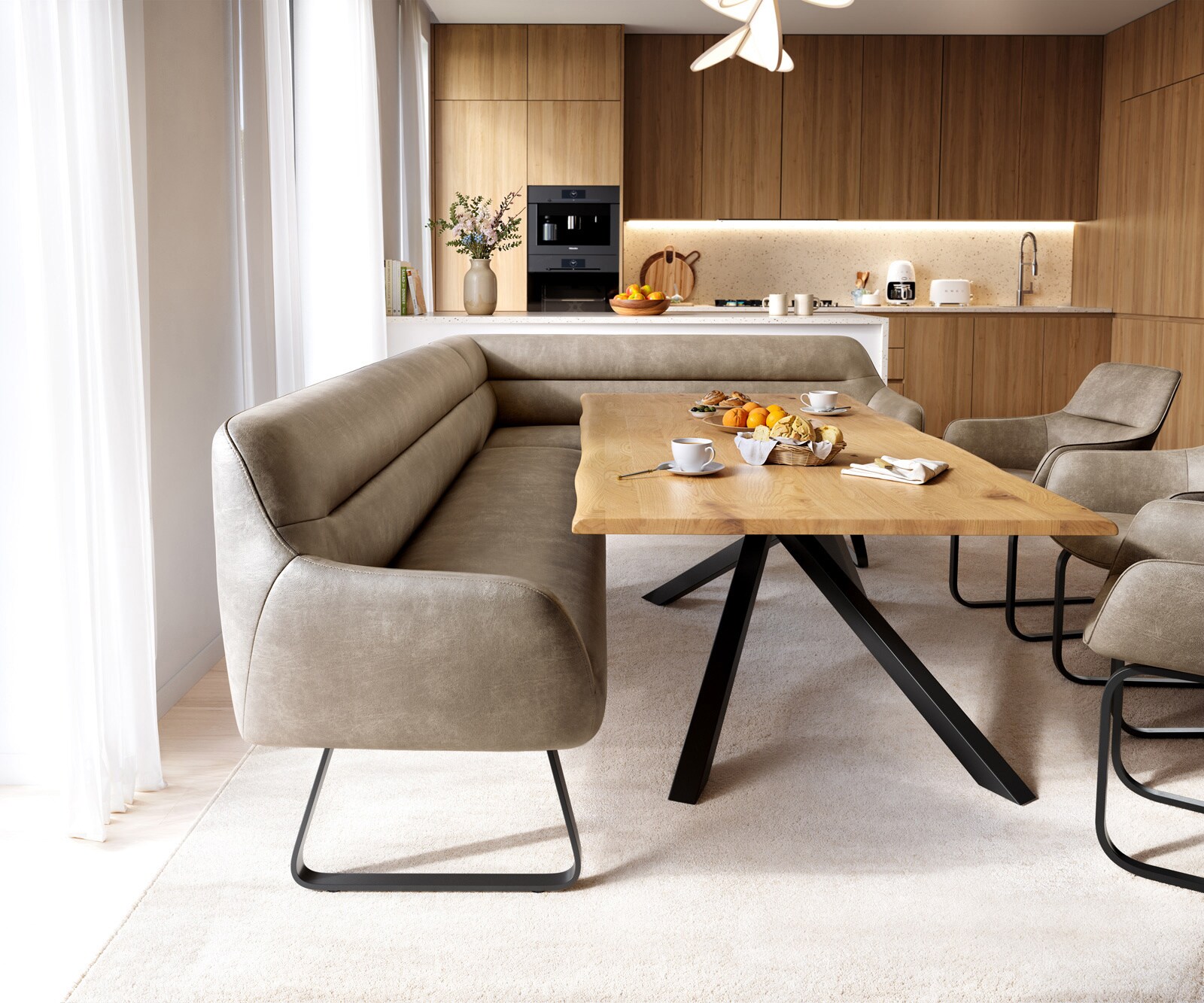 Esszimmerbank Taya-Flex 285x190 cm Mikrofaser Beige Vintage Kufengestell flach Schwarz Taschenfederkern Links 1