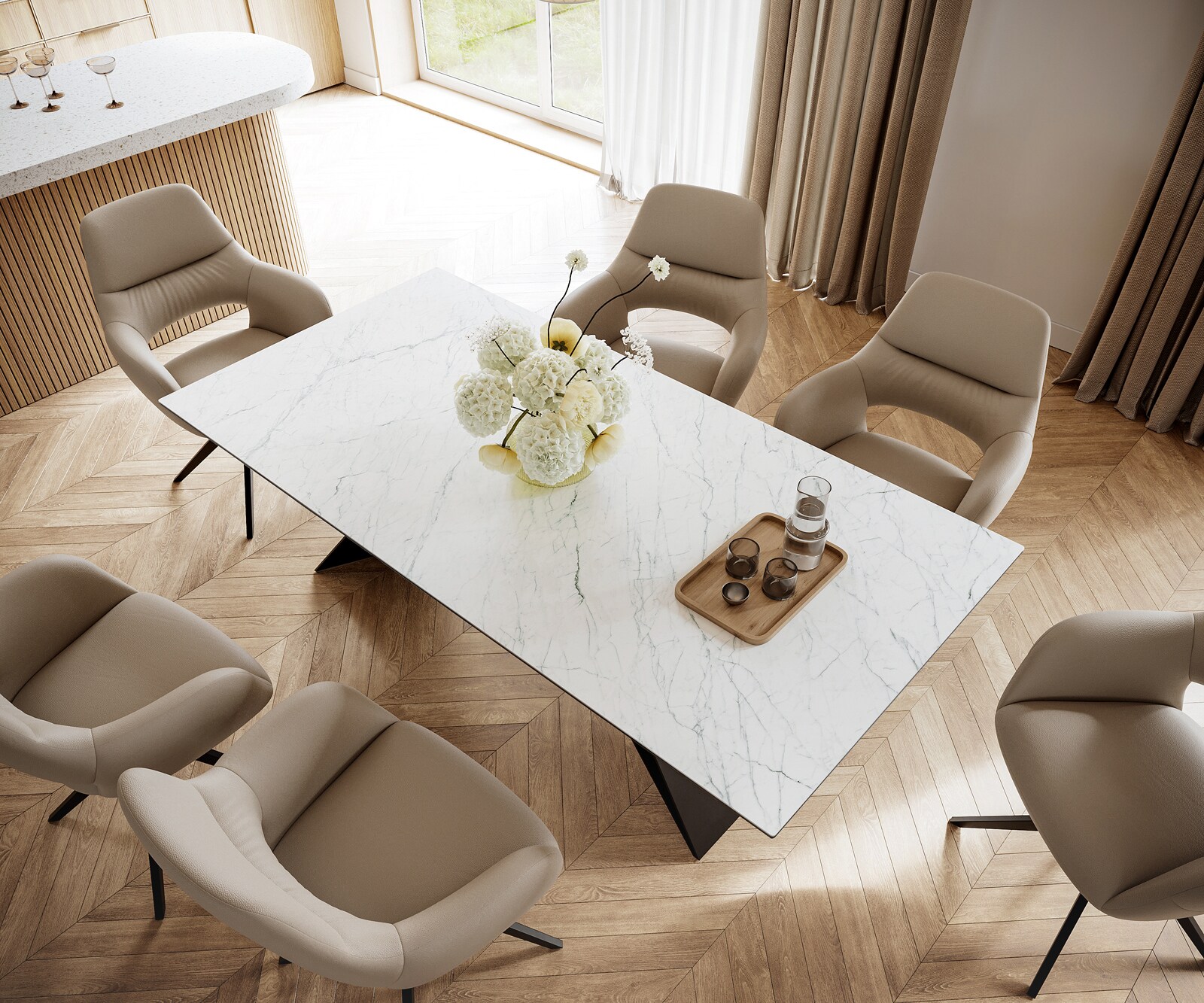 Table-à-manger Edge 200x100cm Laminam® céramique blanc V-pieds milieu noir 3